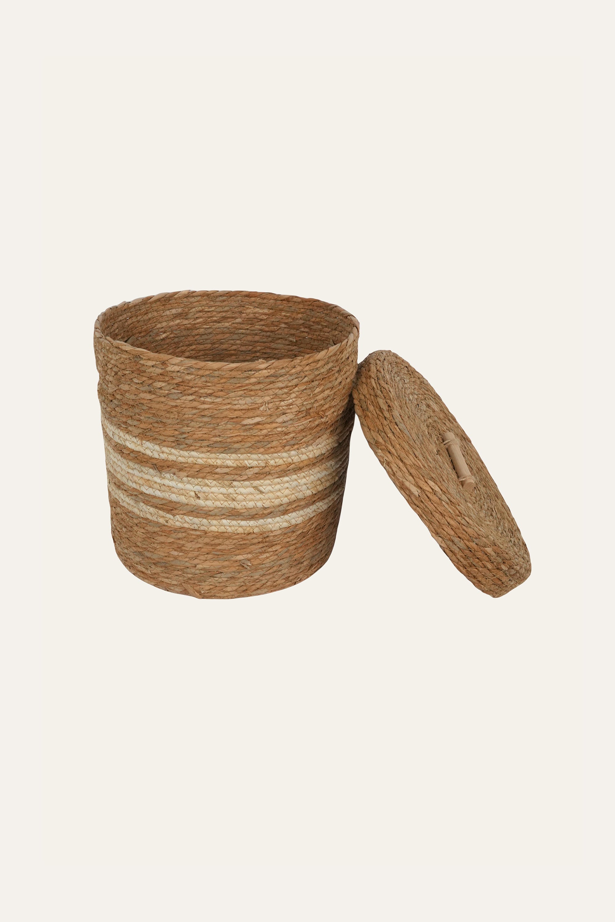 Striped Straw & Wood Lidded Basket - Medium