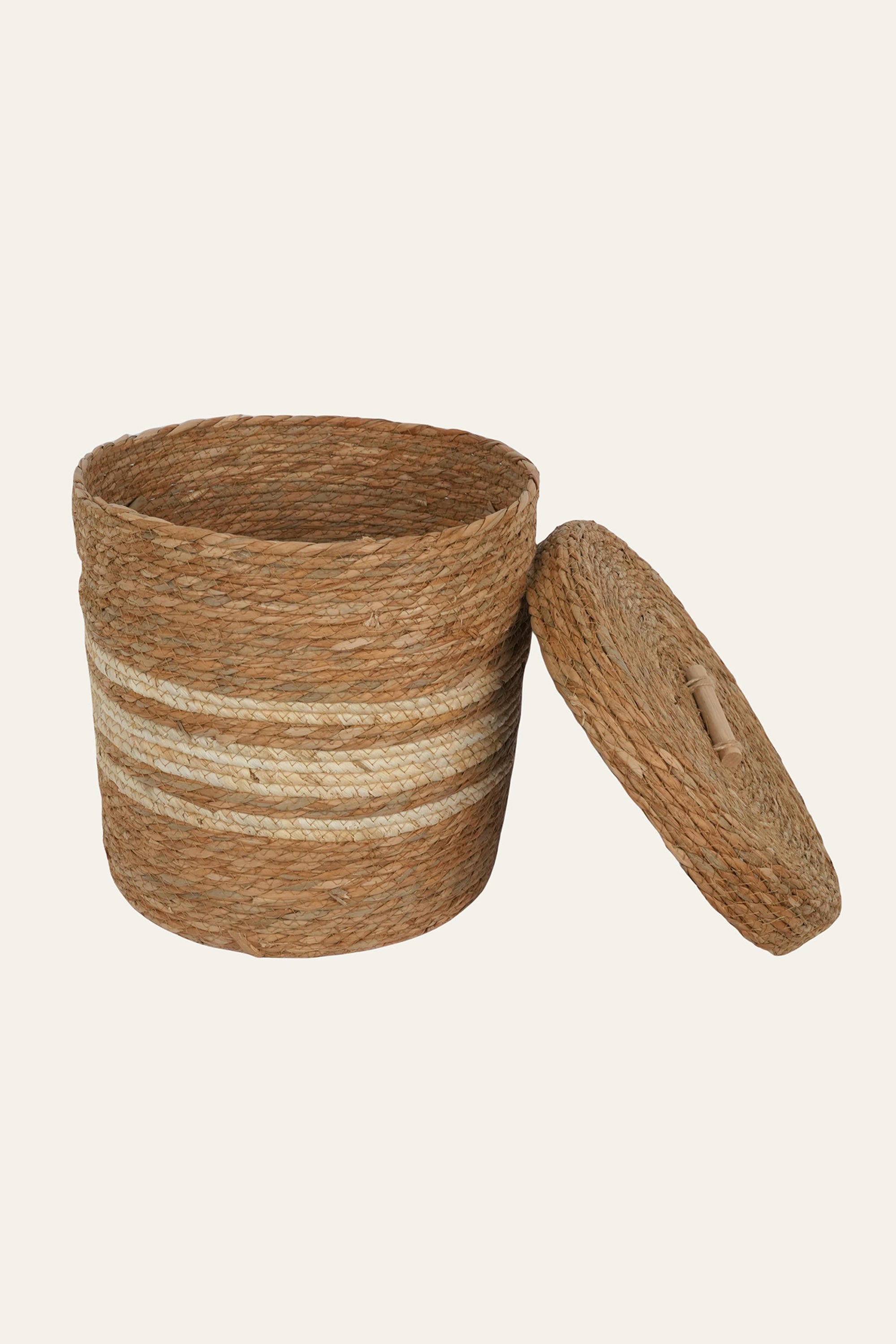 Striped Straw & Wood Lidded Basket - Medium