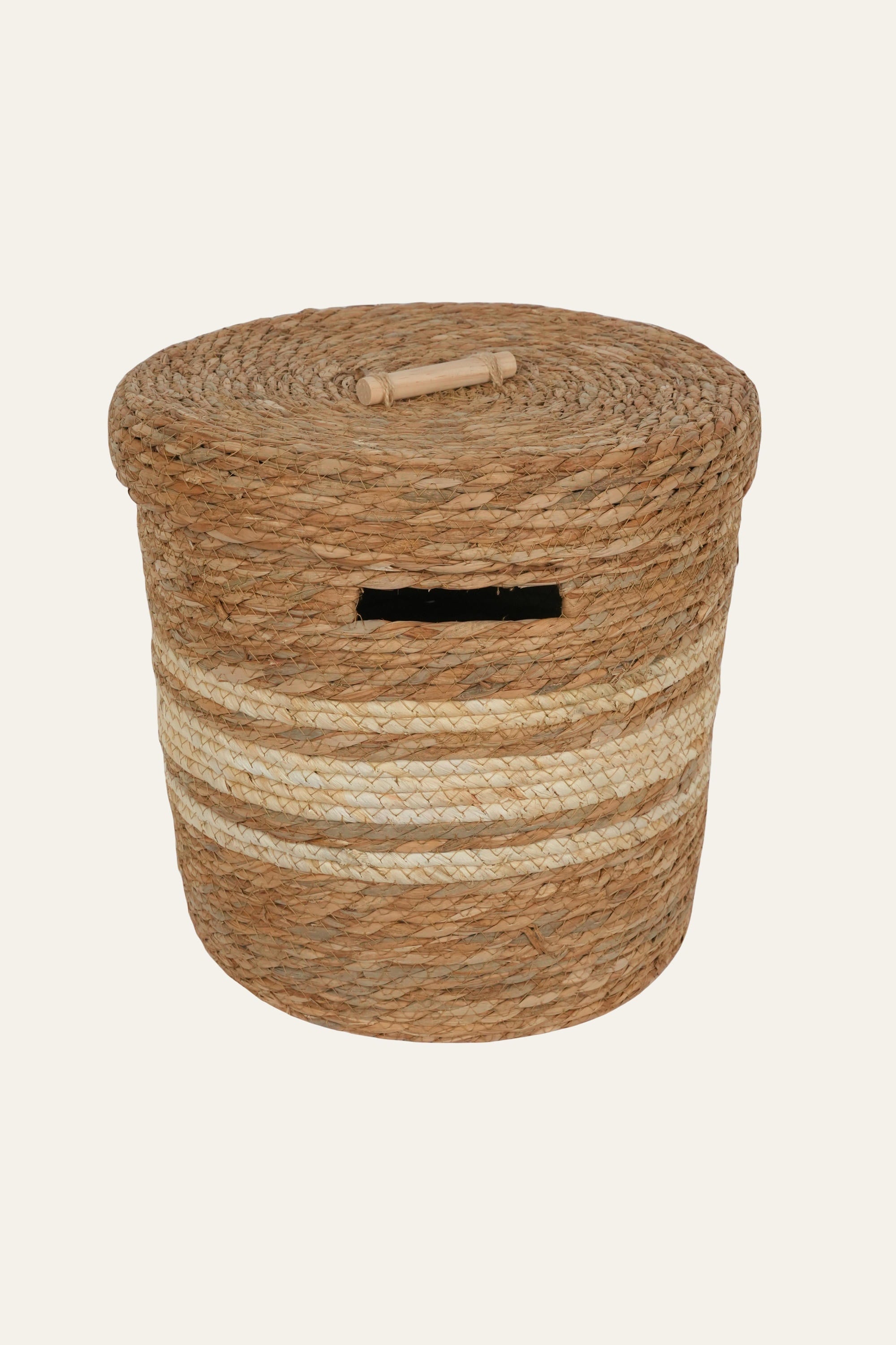 Striped Straw & Wood Lidded Basket - Medium