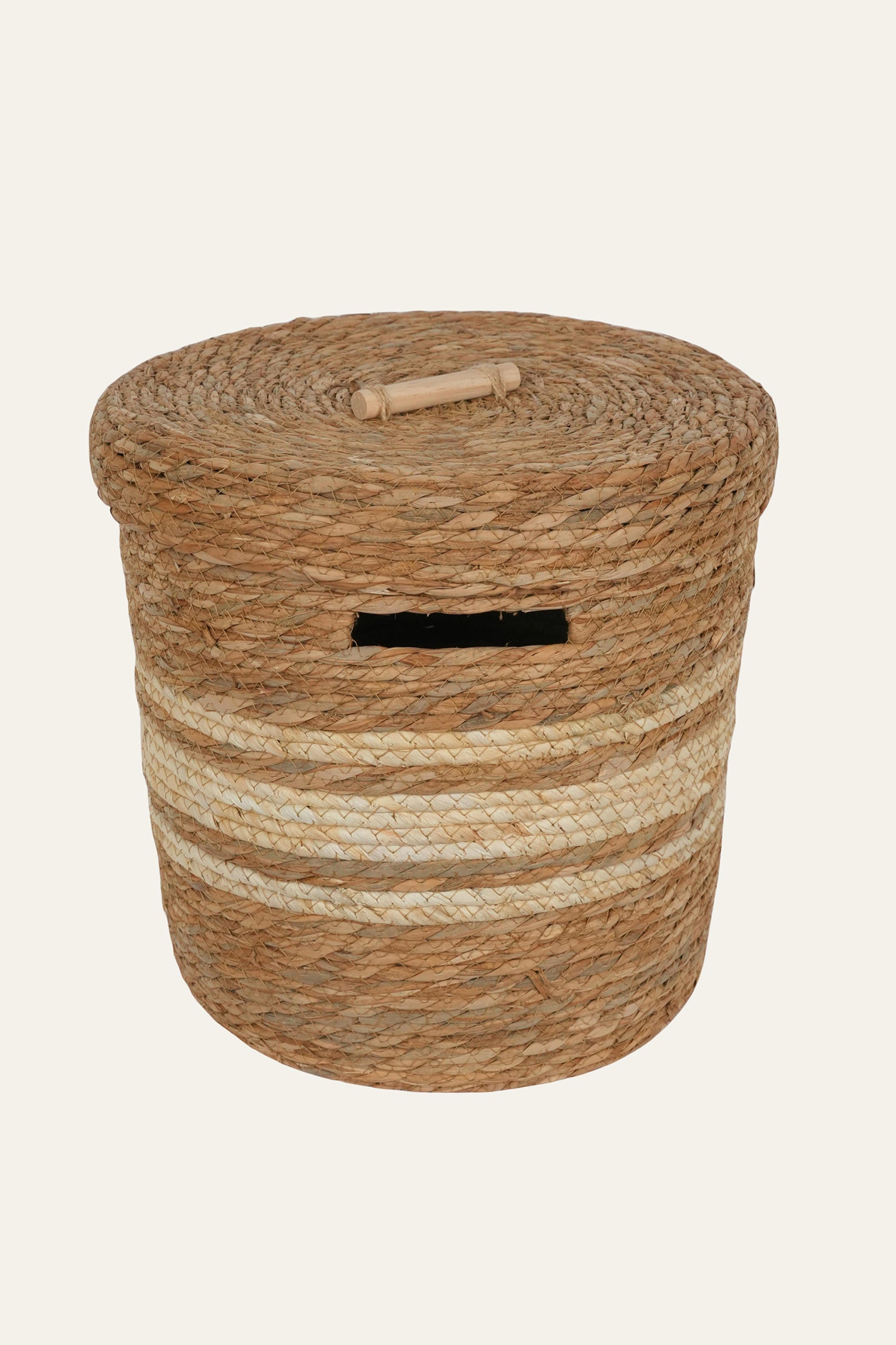 Striped Straw & Wood Lidded Basket - Medium