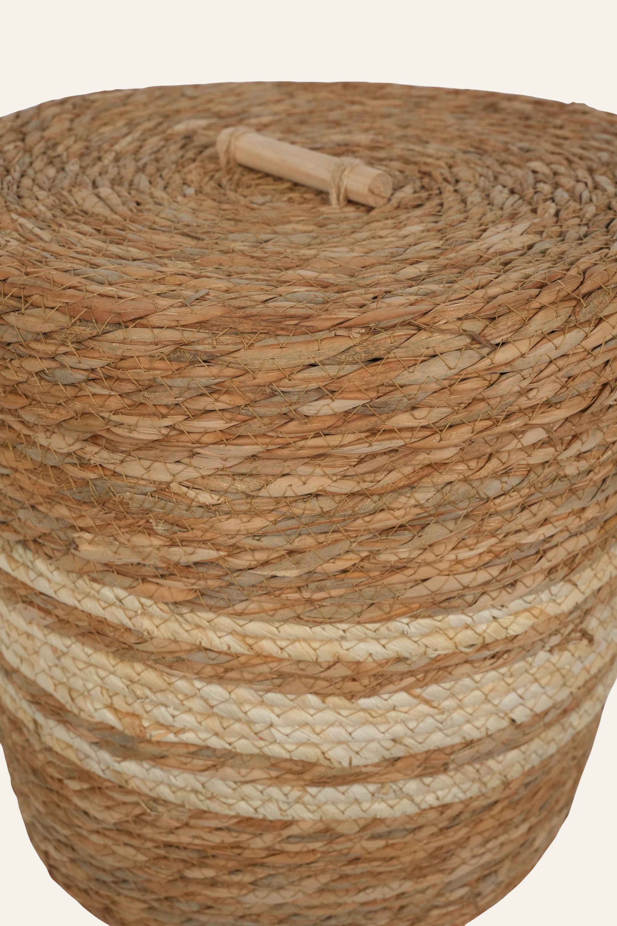 Striped Straw & Wood Lidded Basket - Medium
