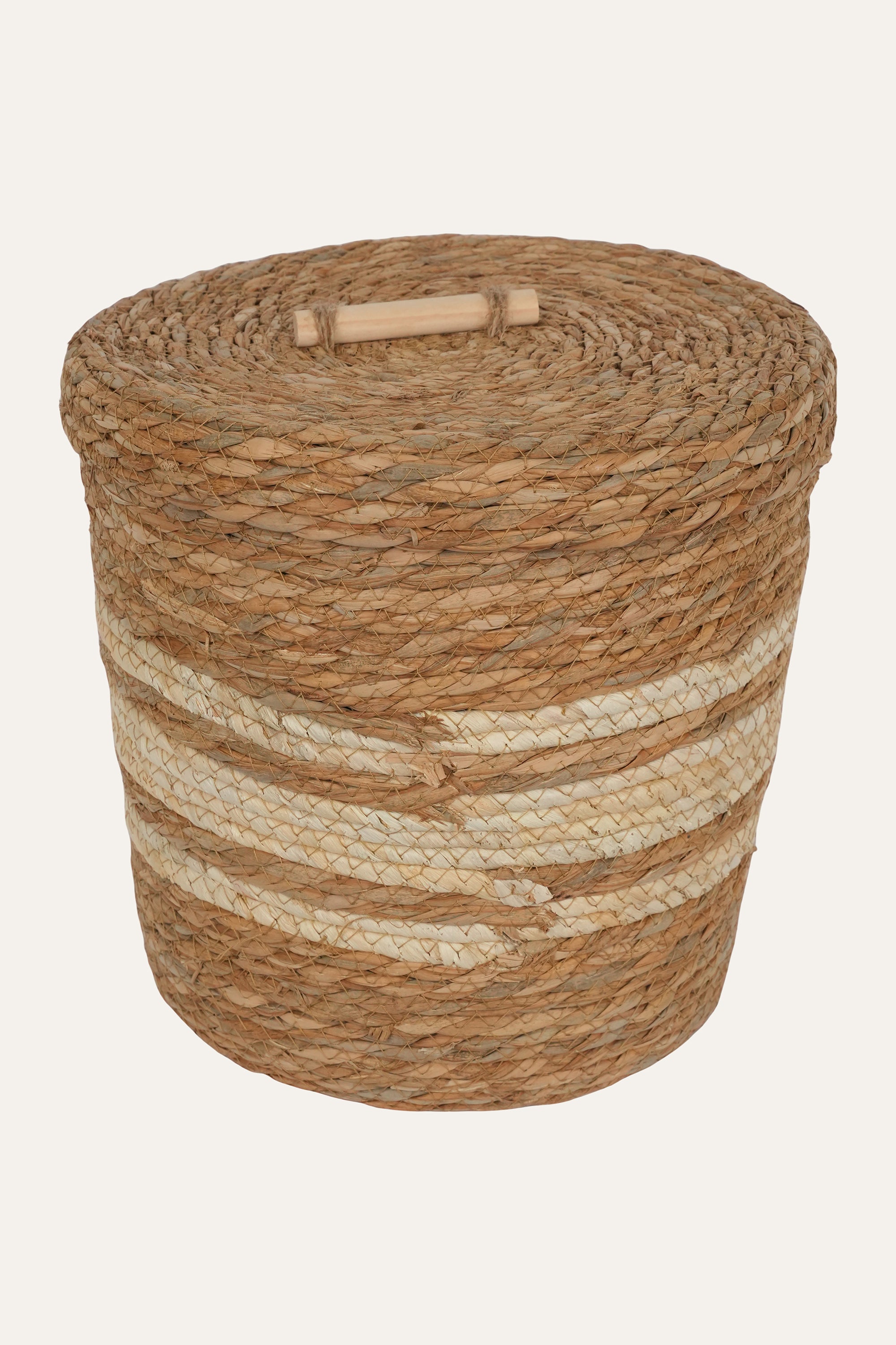 Striped Straw & Wood Storage Basket - Small