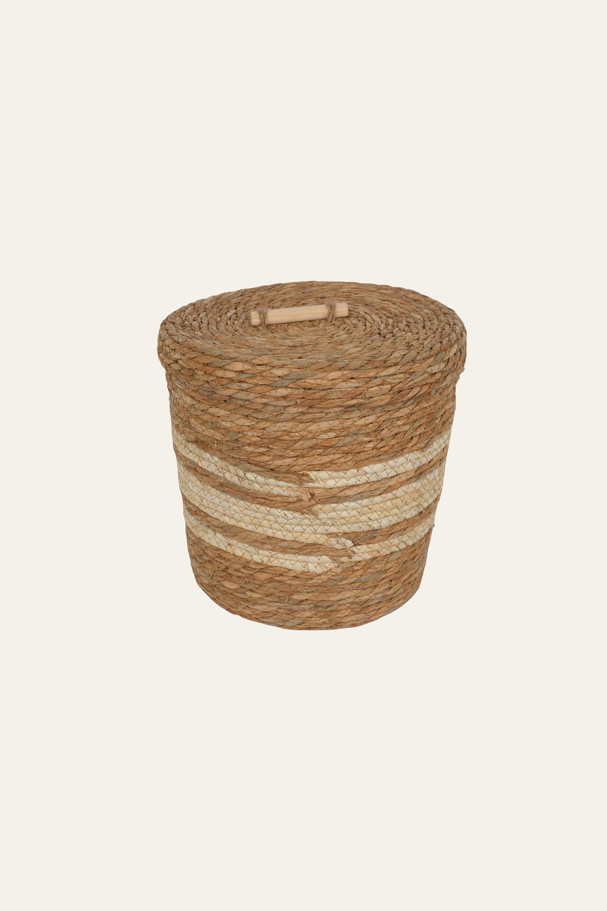 Striped Straw & Wood Storage Basket - Small