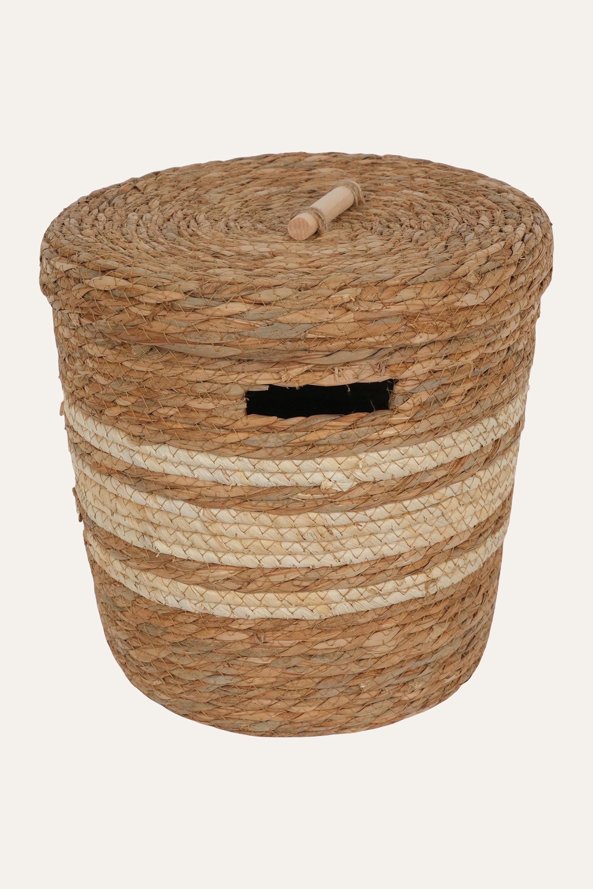 Striped Straw & Wood Storage Basket - Small
