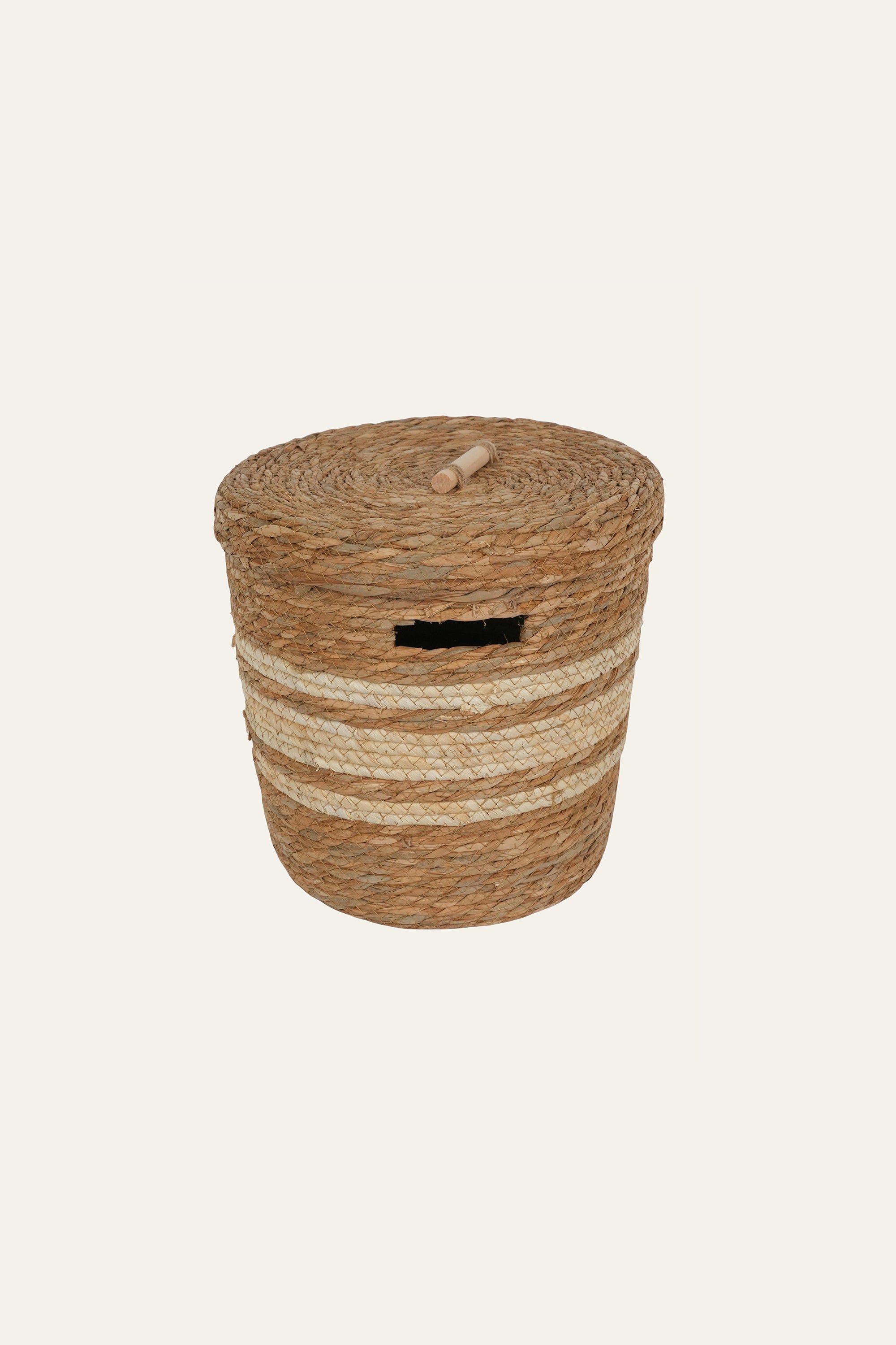 Striped Straw & Wood Storage Basket - Small