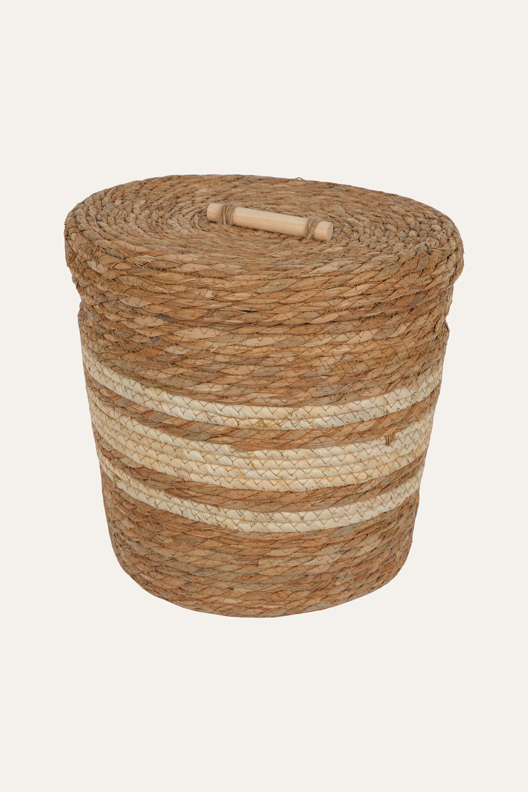 Striped Straw & Wood Storage Basket - Small