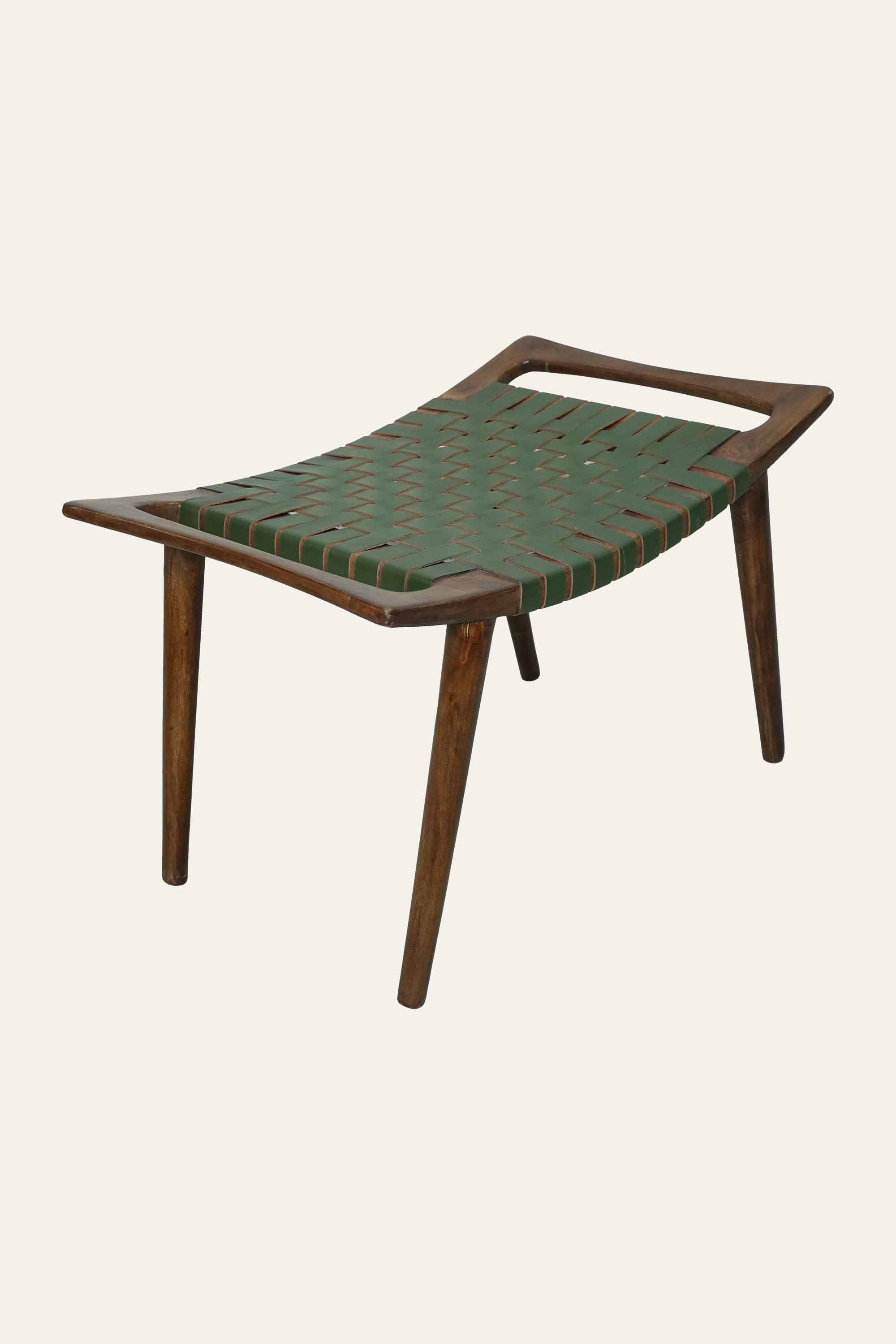 Green Leather Woven Wooden Stool for Living Room