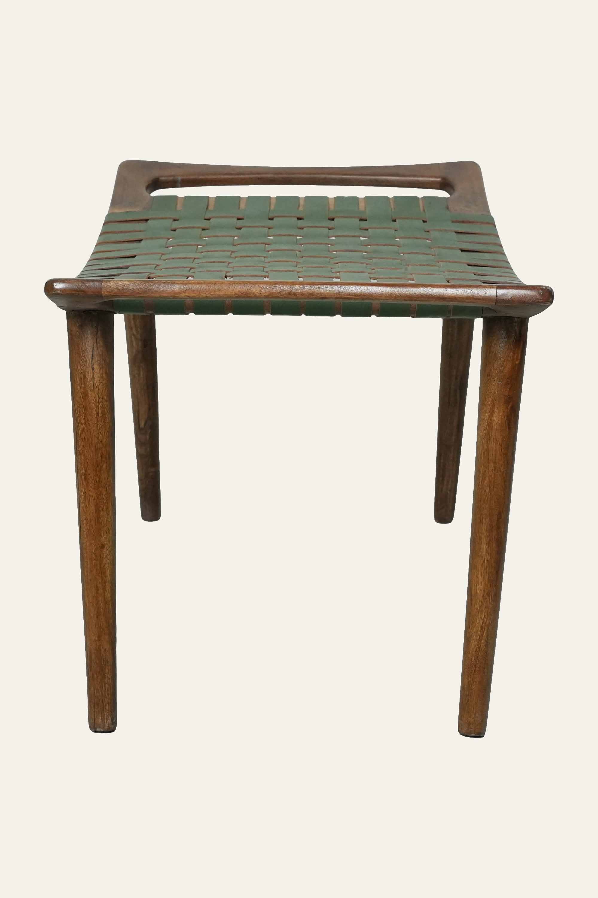 Green Leather Woven Wooden Stool for Living Room