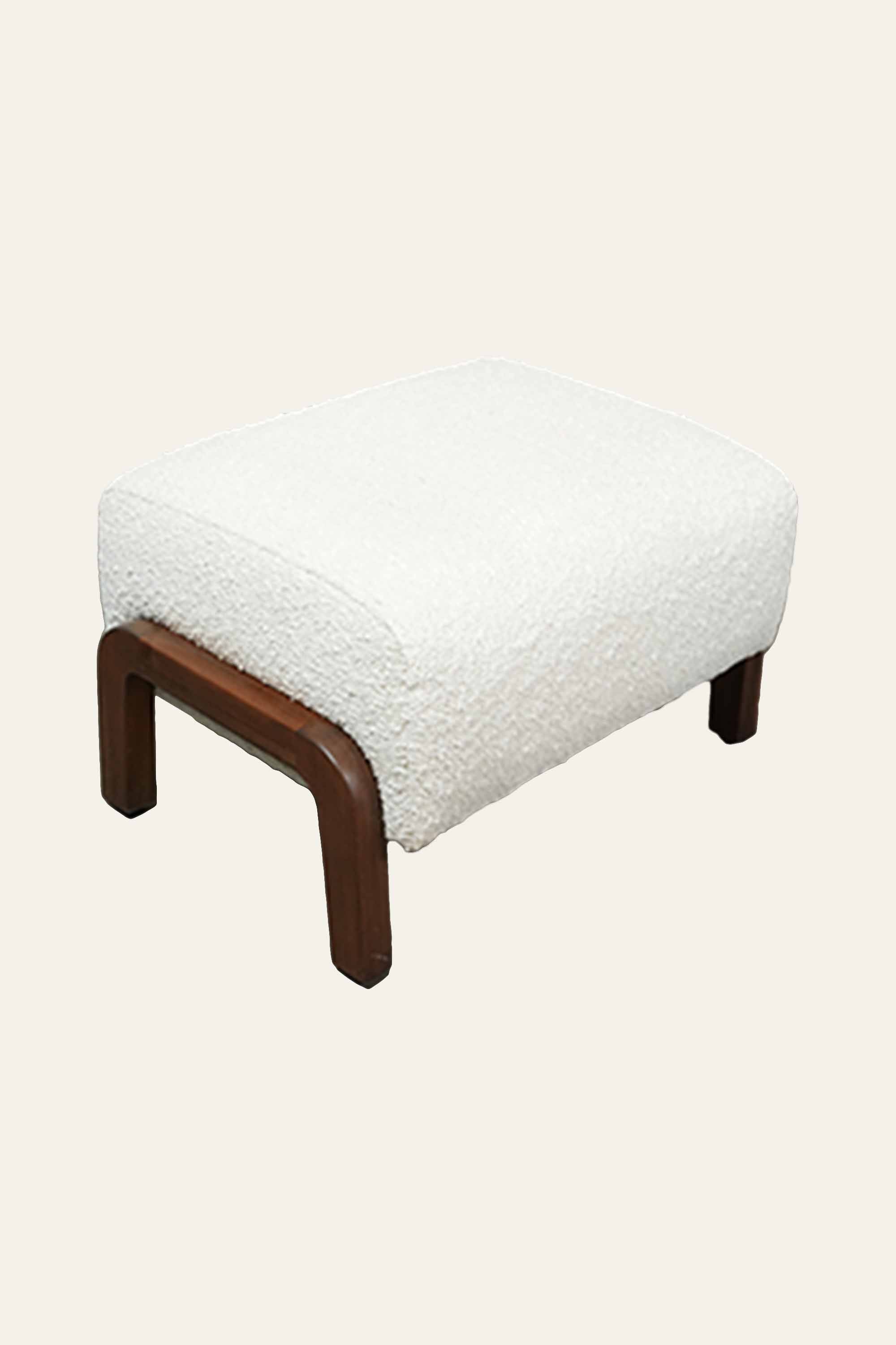 White Boucle Pouf Stool with Curved Wooden Legs