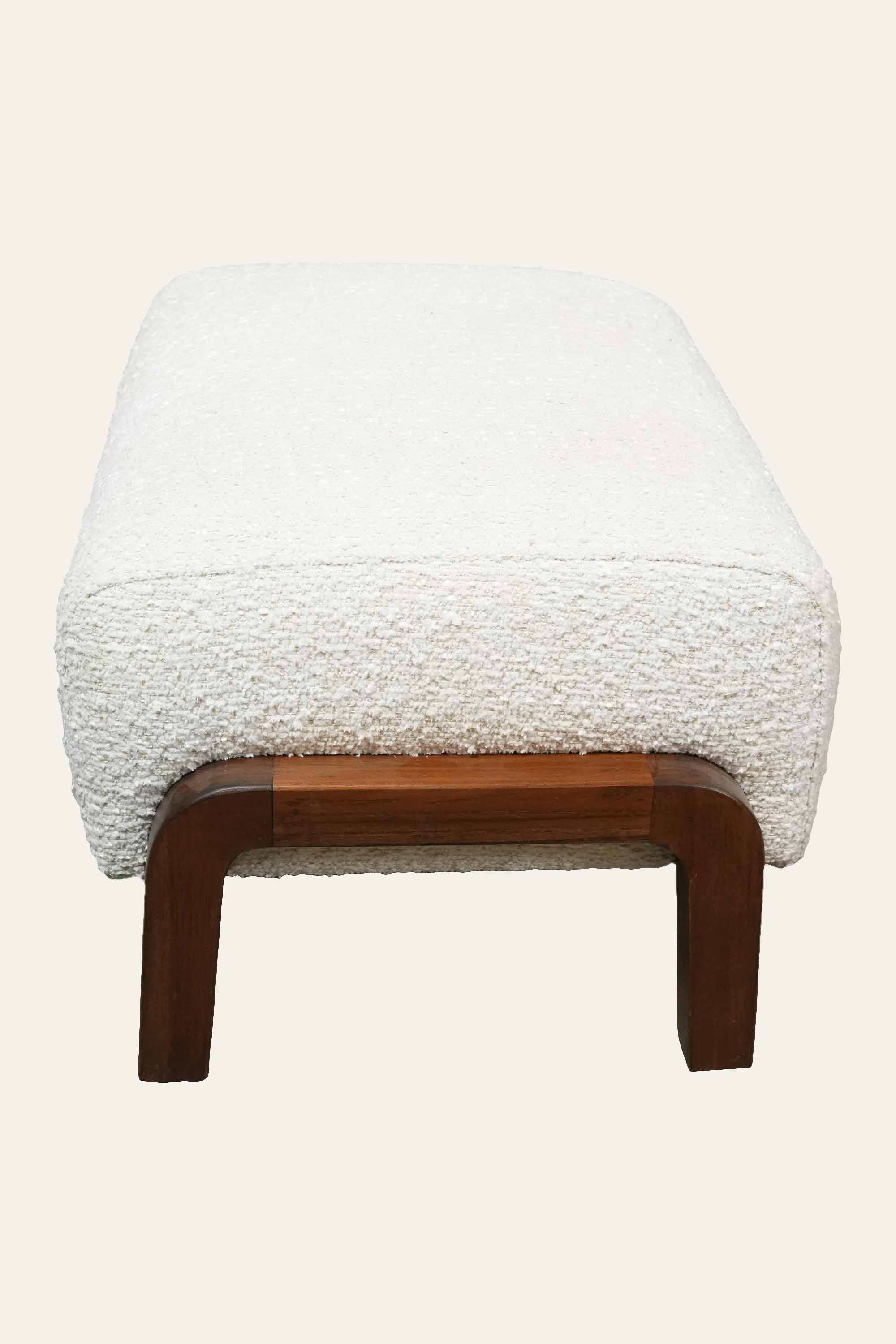 White Boucle Pouf Stool with Curved Wooden Legs
