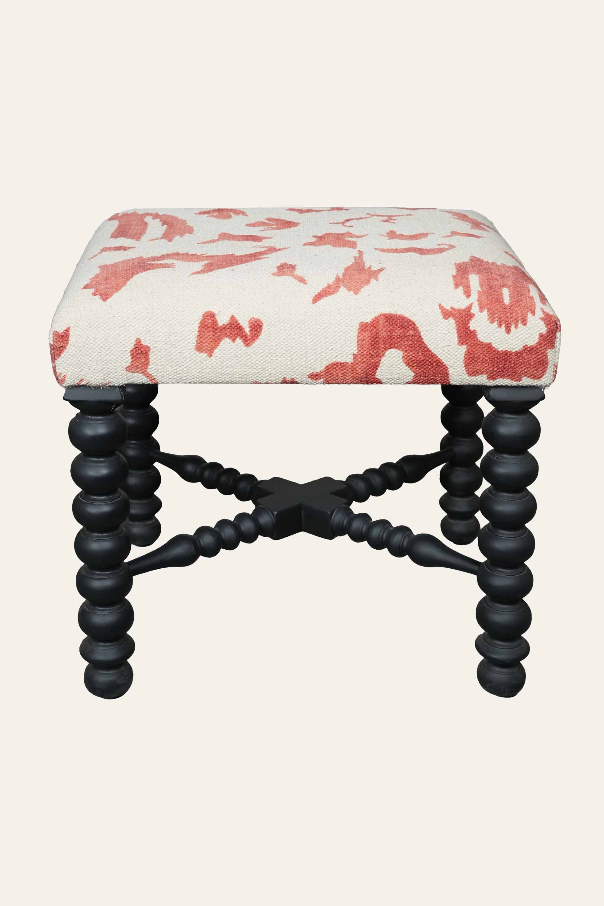 White & Red Printed Dhurrie Stool with Black Bobbin Legs