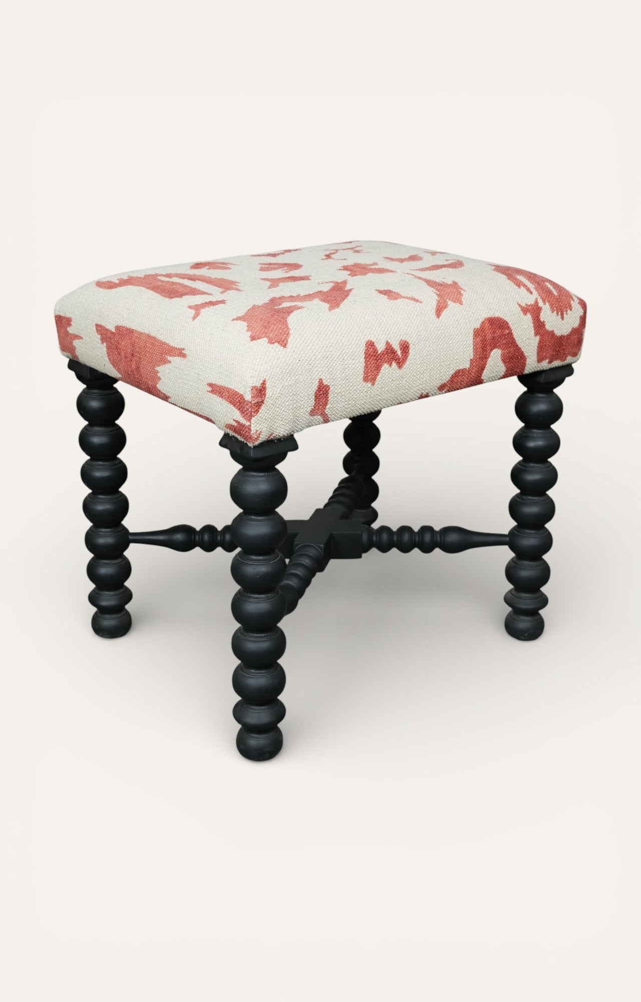 Upholstered Stool with Turned Black Legs