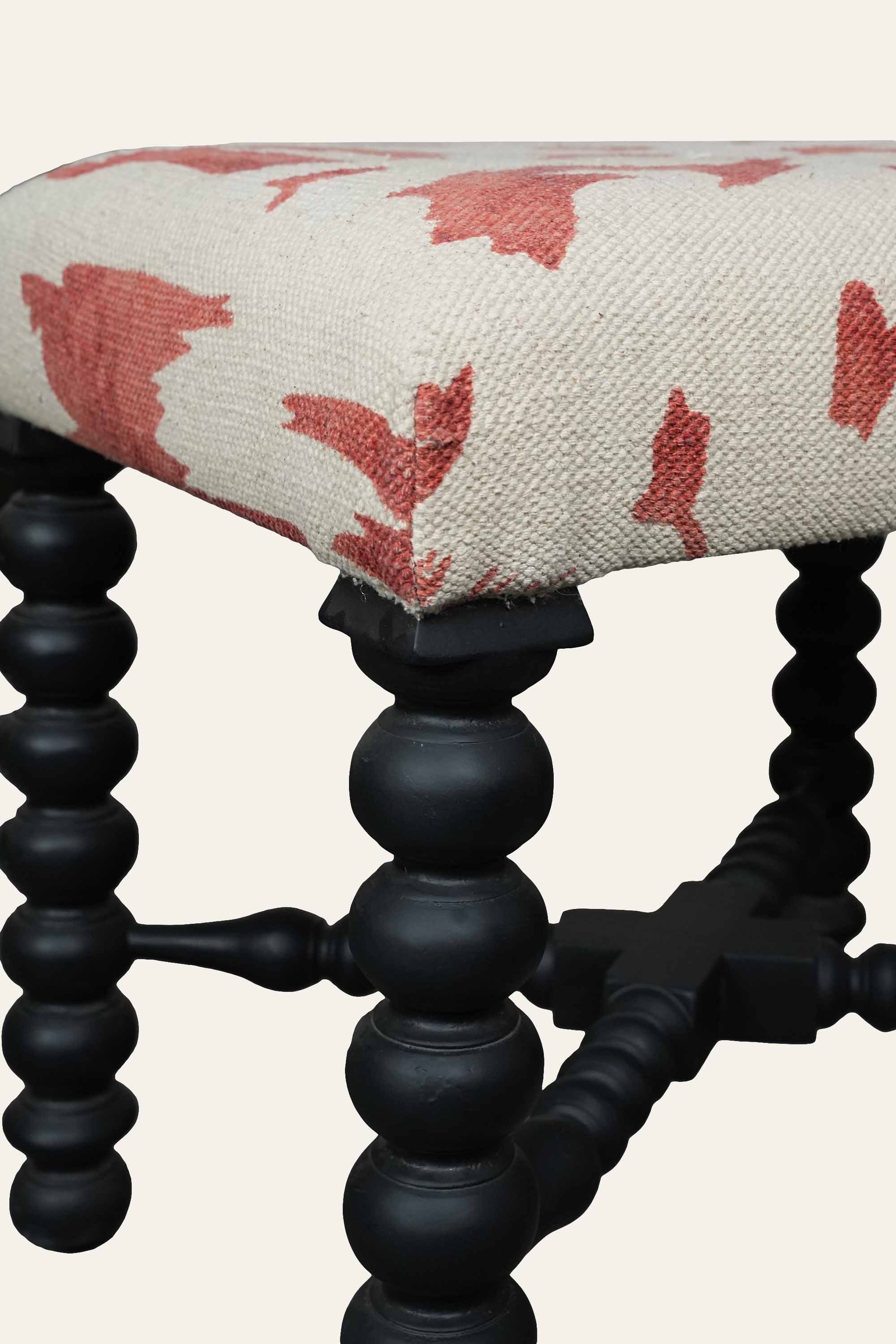White & Red Printed Dhurrie Stool with Black Bobbin Legs