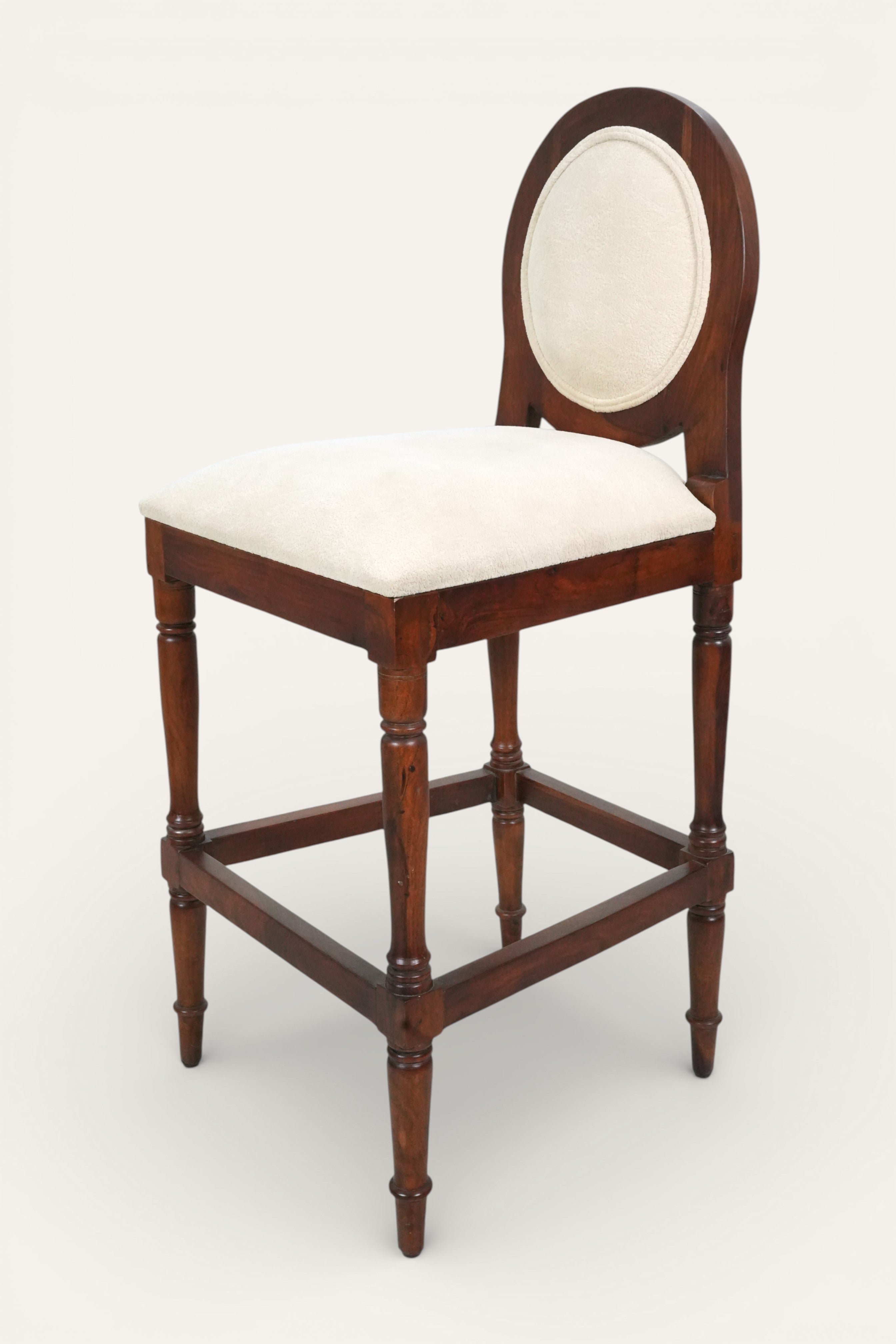 Round-Back Wooden Bar Chair with Cream Upholstery