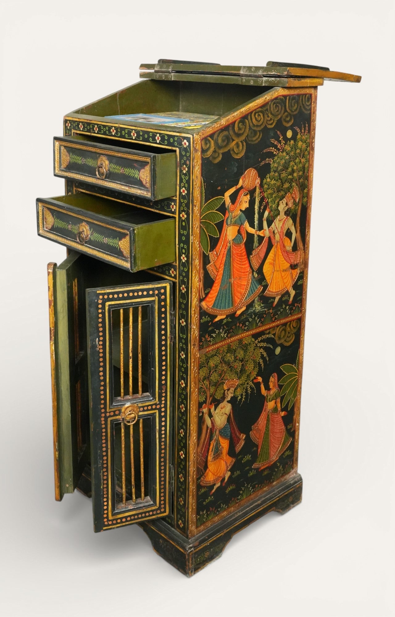 Hand-Painted Tall Wooden Cabinet with Rajasthani Figures