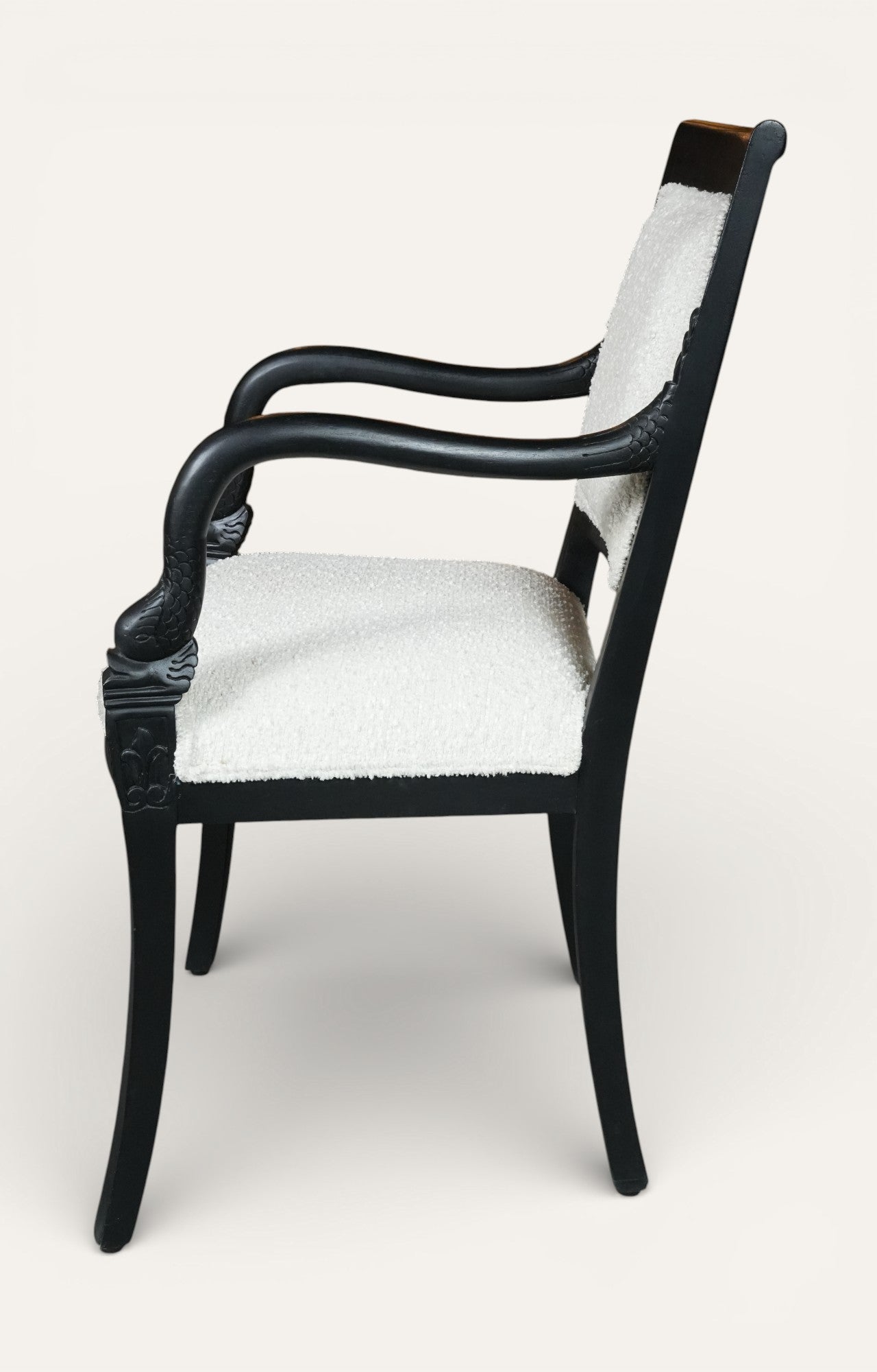 Vintage Black Wood Bergère Armchair with White Bouclé Upholstery