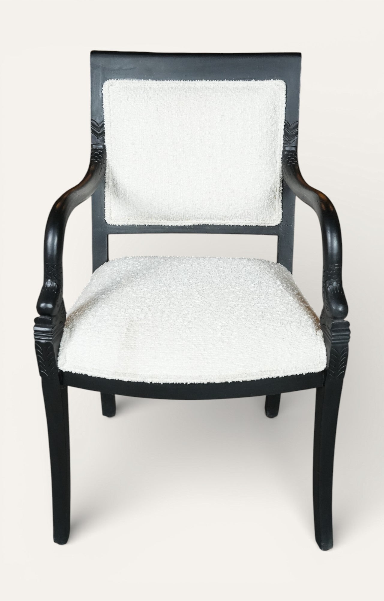 Vintage Black Wood Bergère Armchair with White Bouclé Upholstery