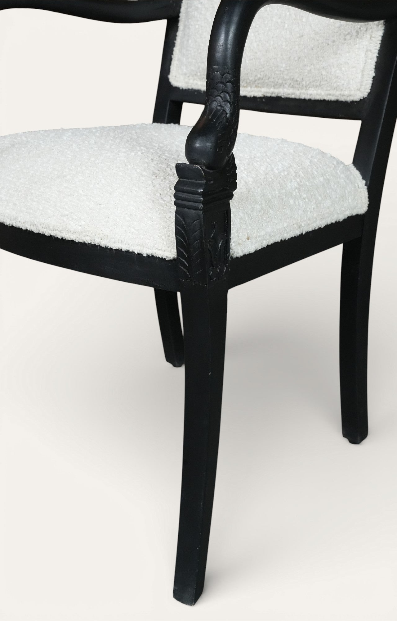 Vintage Black Wood Bergère Armchair with White Bouclé Upholstery