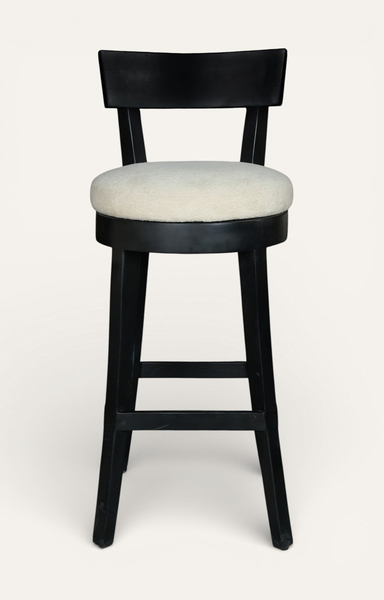 Swivel Black Wood Bar Stool with White Bouclé Seat