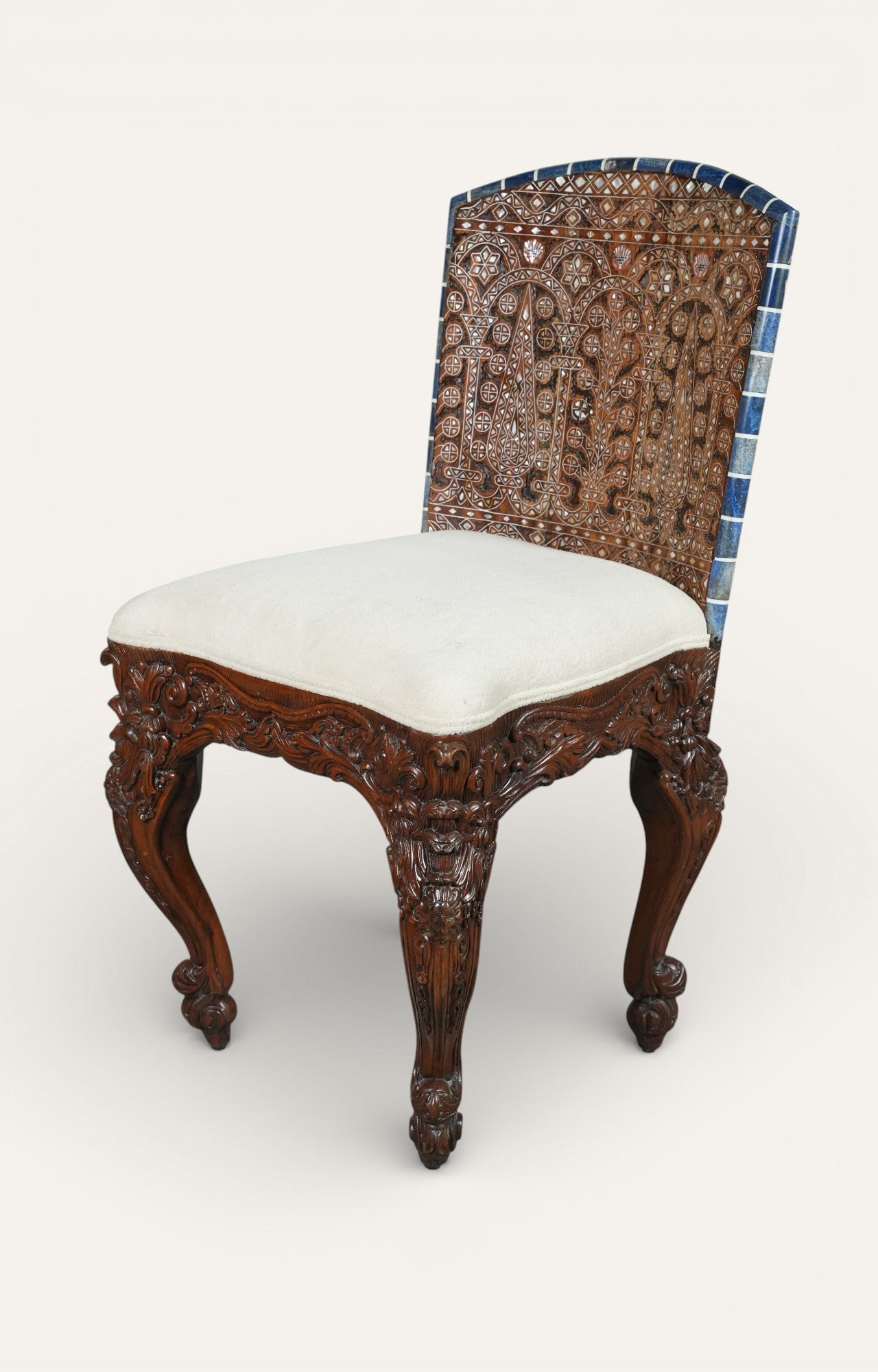 Hand-Carved Mughal Inlay Accent Chair in Solid Wood