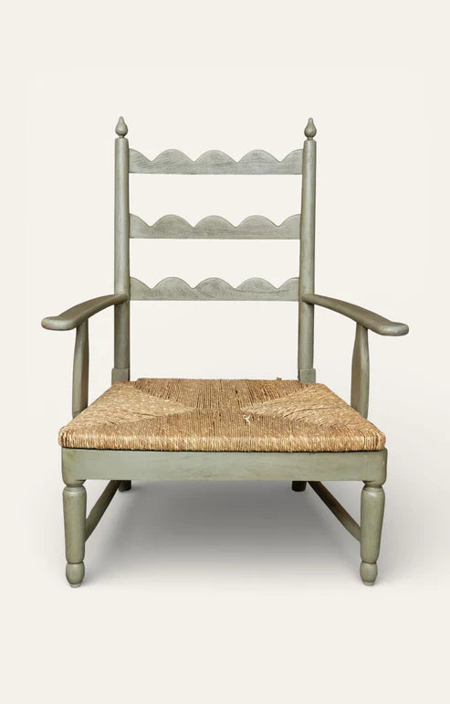 Vintage Sage Green Ladderback Armchair with Rush Seat