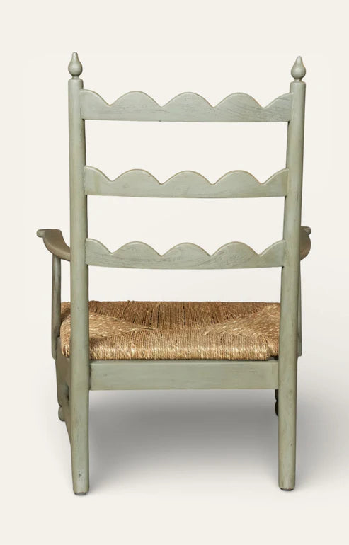 Vintage Sage Green Ladderback Armchair with Rush Seat