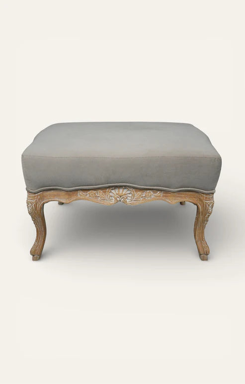 French Provincial Carved Cabriole Ottoman in Grey Linen
