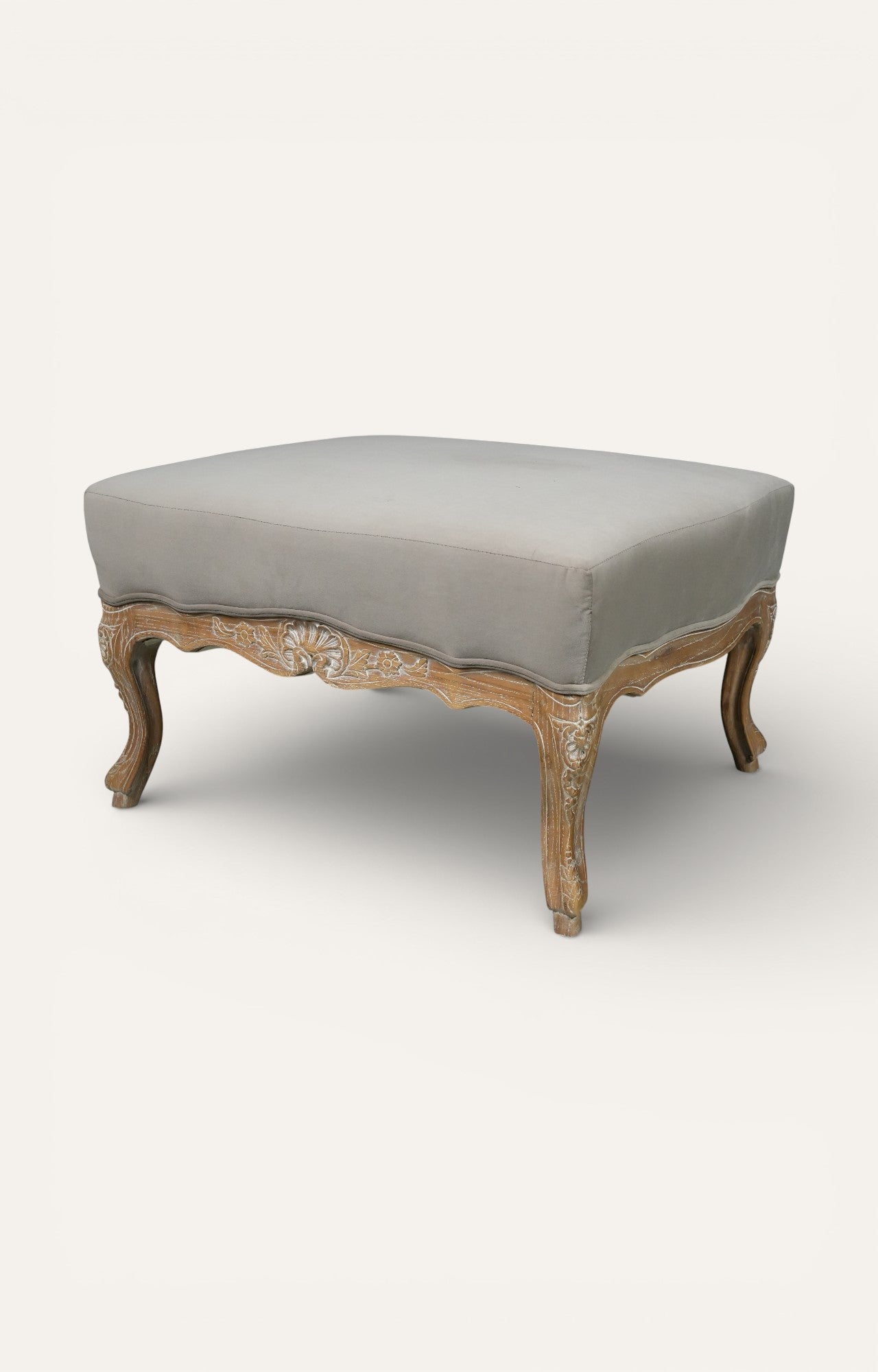 French Provincial Carved Cabriole Ottoman in Grey Linen