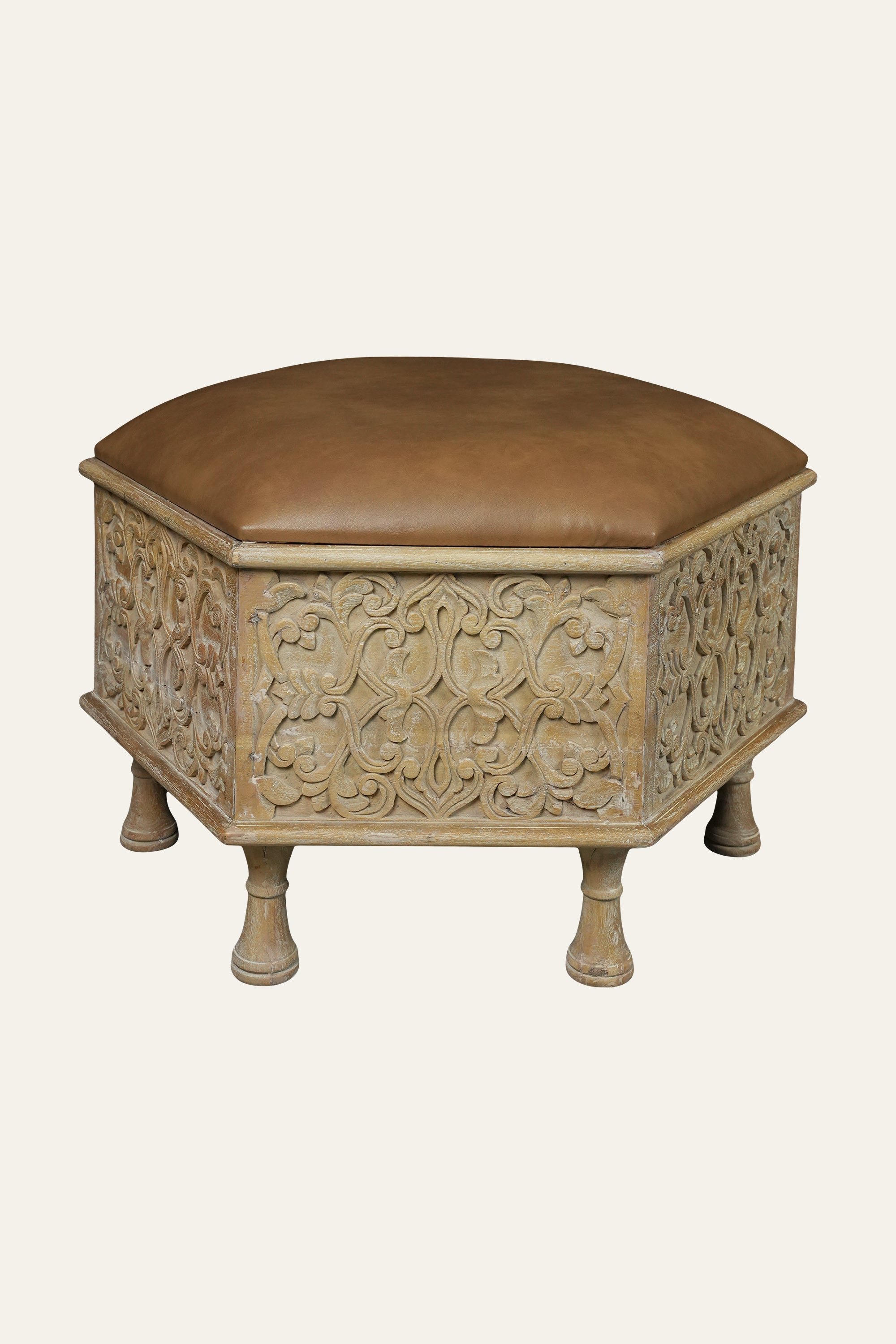 Carved Wooden Ottoman with Tan Leather Upholstery