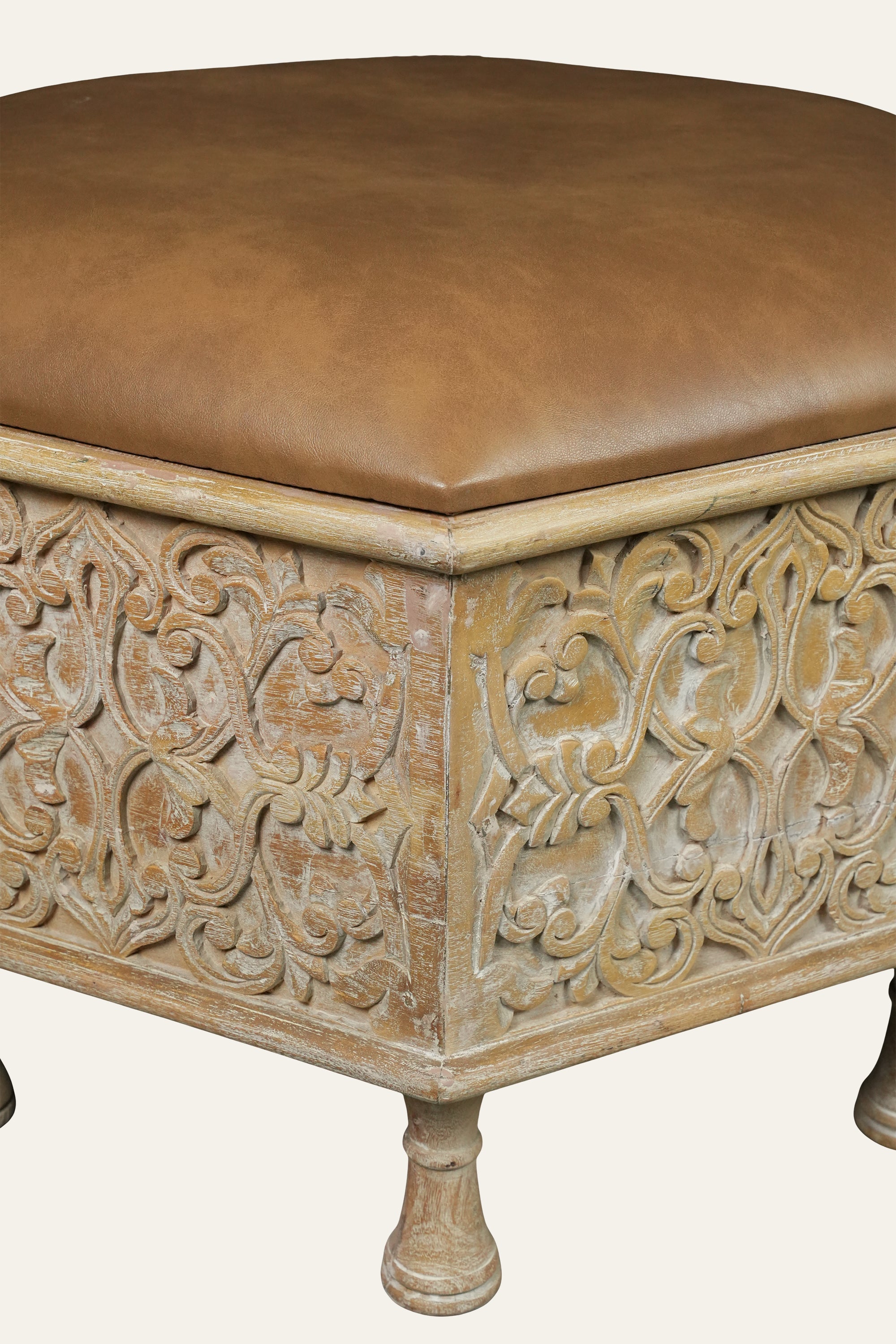 Carved Wooden Ottoman with Tan Leather Upholstery