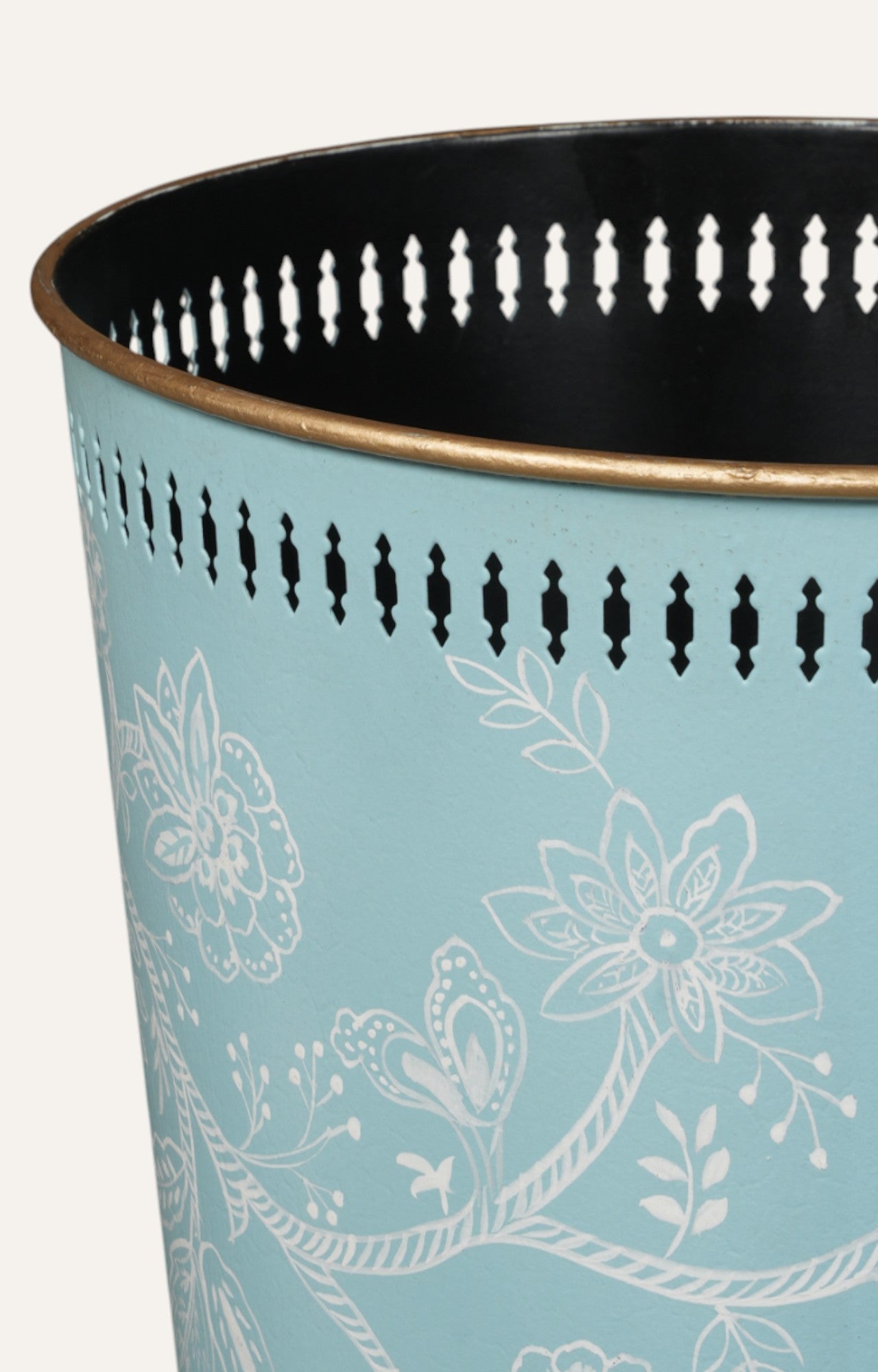 Blue Floral Metal Waste Bin & Planter With Perforated Rim