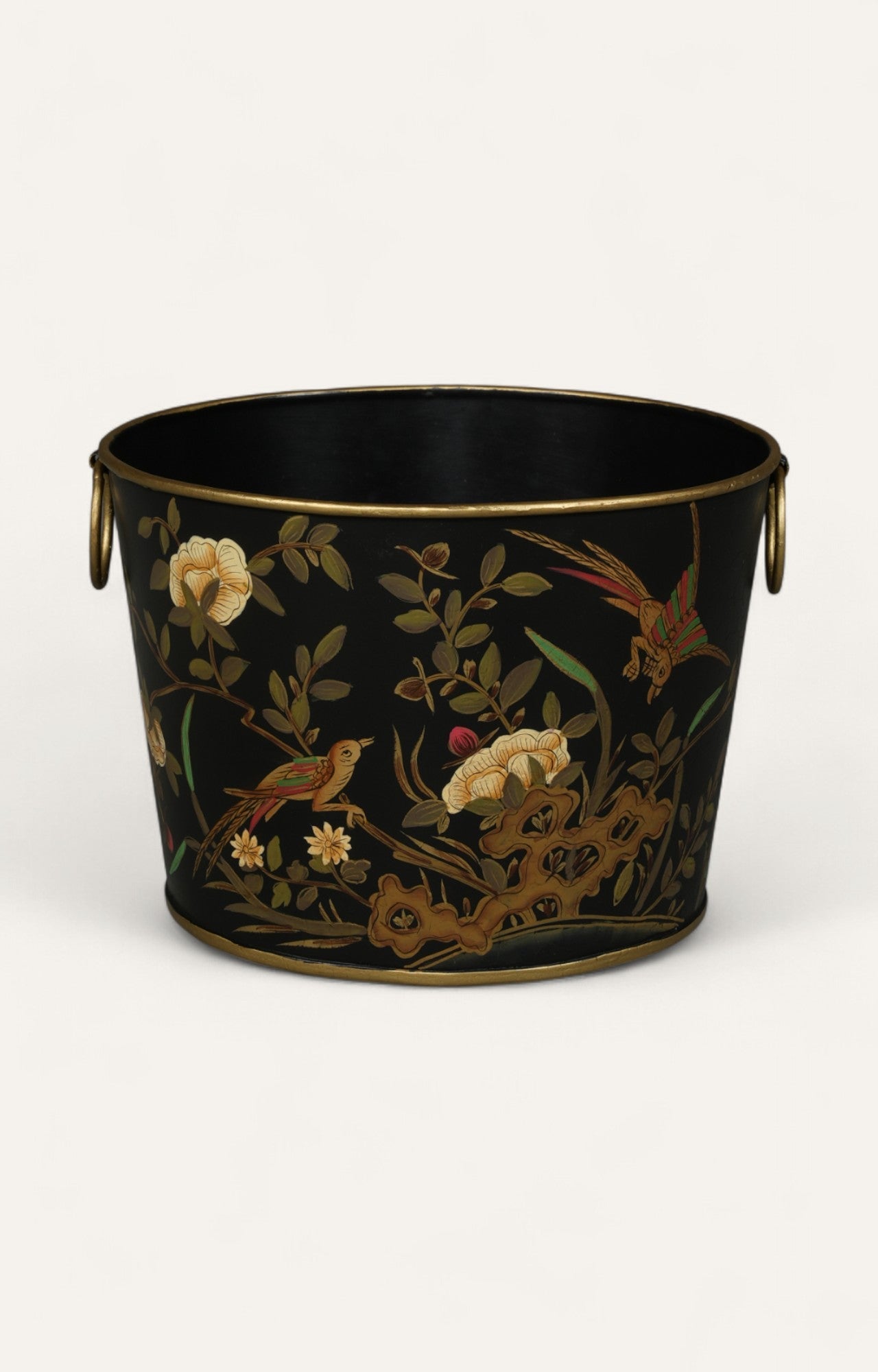 Black Chinoiserie Metal Waste Bin & Planter With Gold Handle and Rim