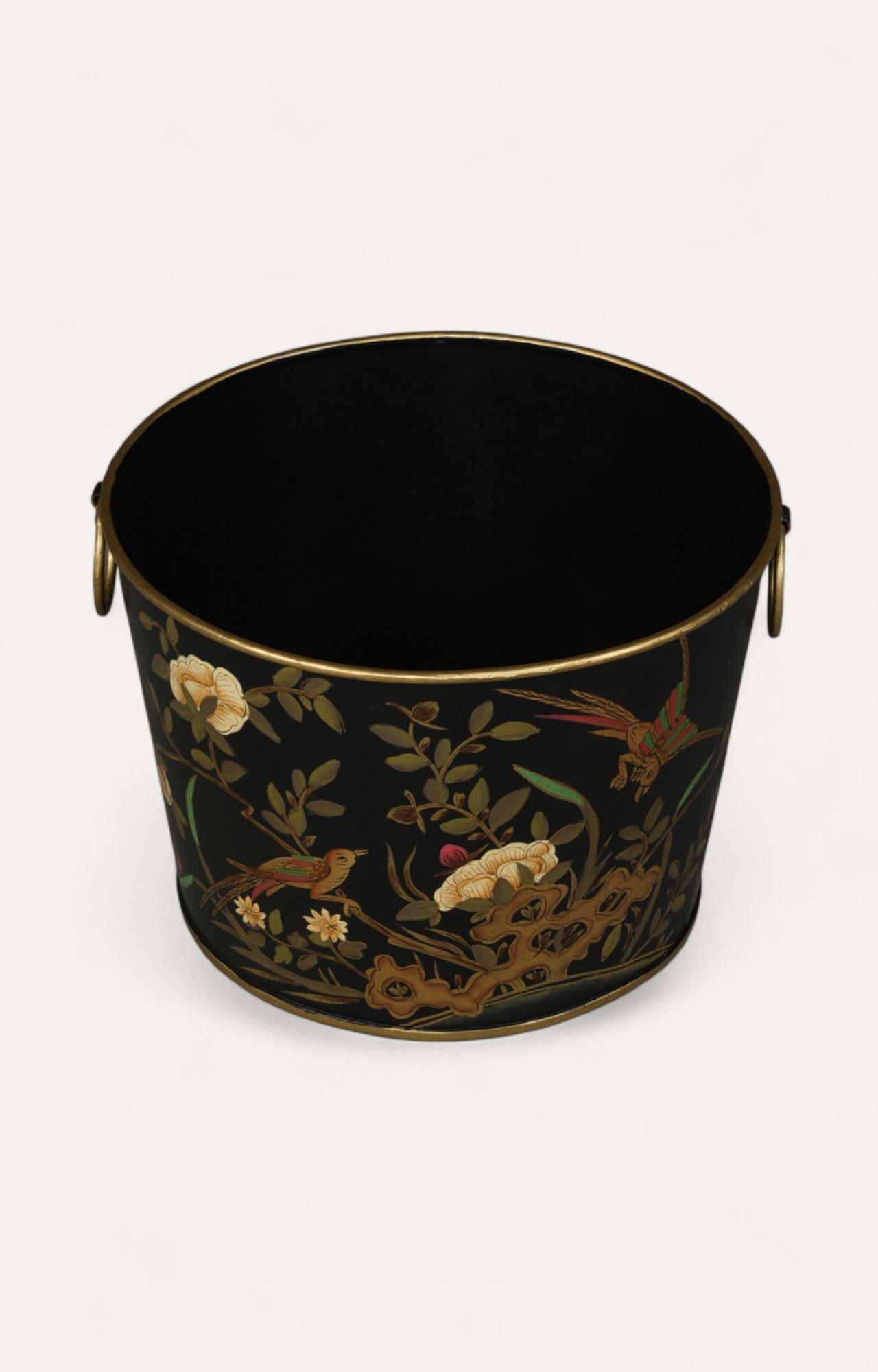 Black Chinoiserie Metal Waste Bin & Planter With Gold Handle and Rim