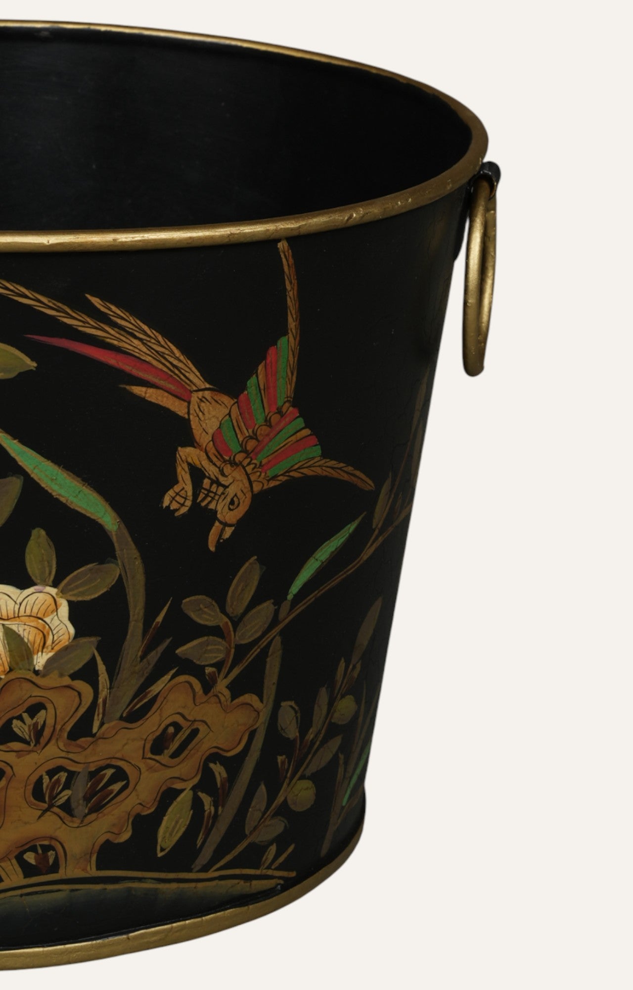 Black Chinoiserie Metal Waste Bin & Planter With Gold Handle and Rim