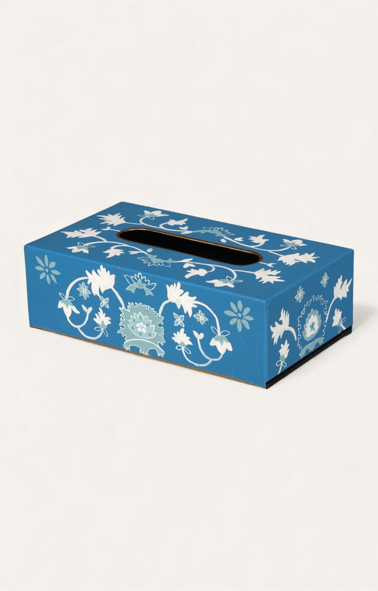 Blue Hand-Painted Metal Tissue Box with Floral Motifs