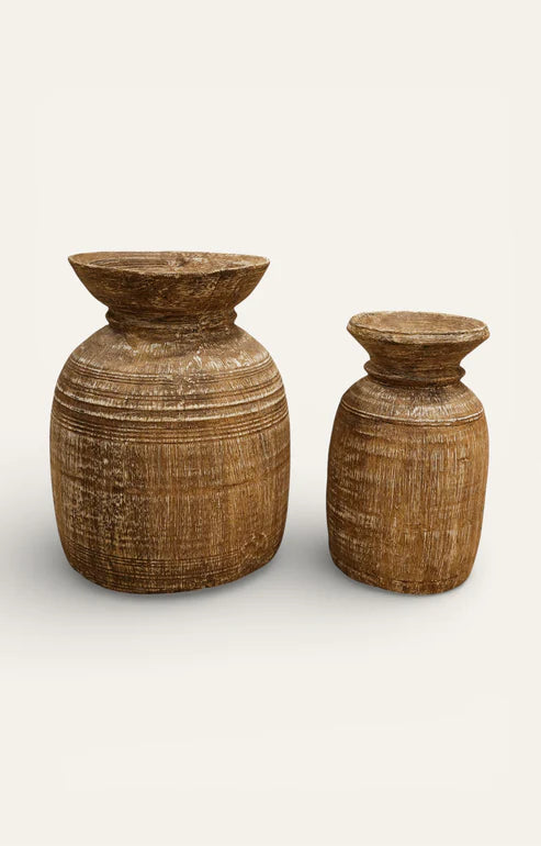 Handcarved Rustic Wooden Matka Pair