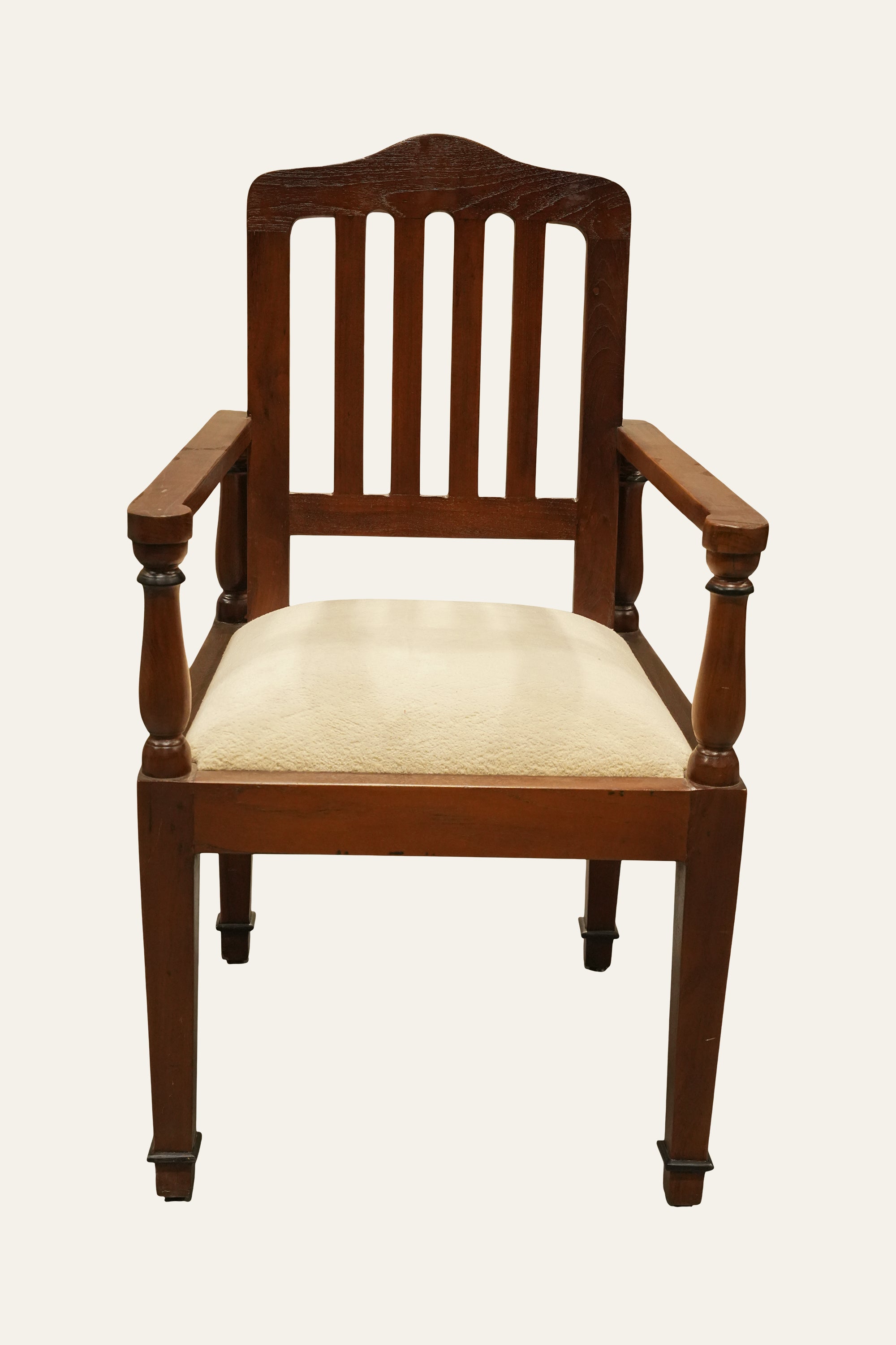 Brown Slatted Backrest Wooden Armchair with Cushioned Seat