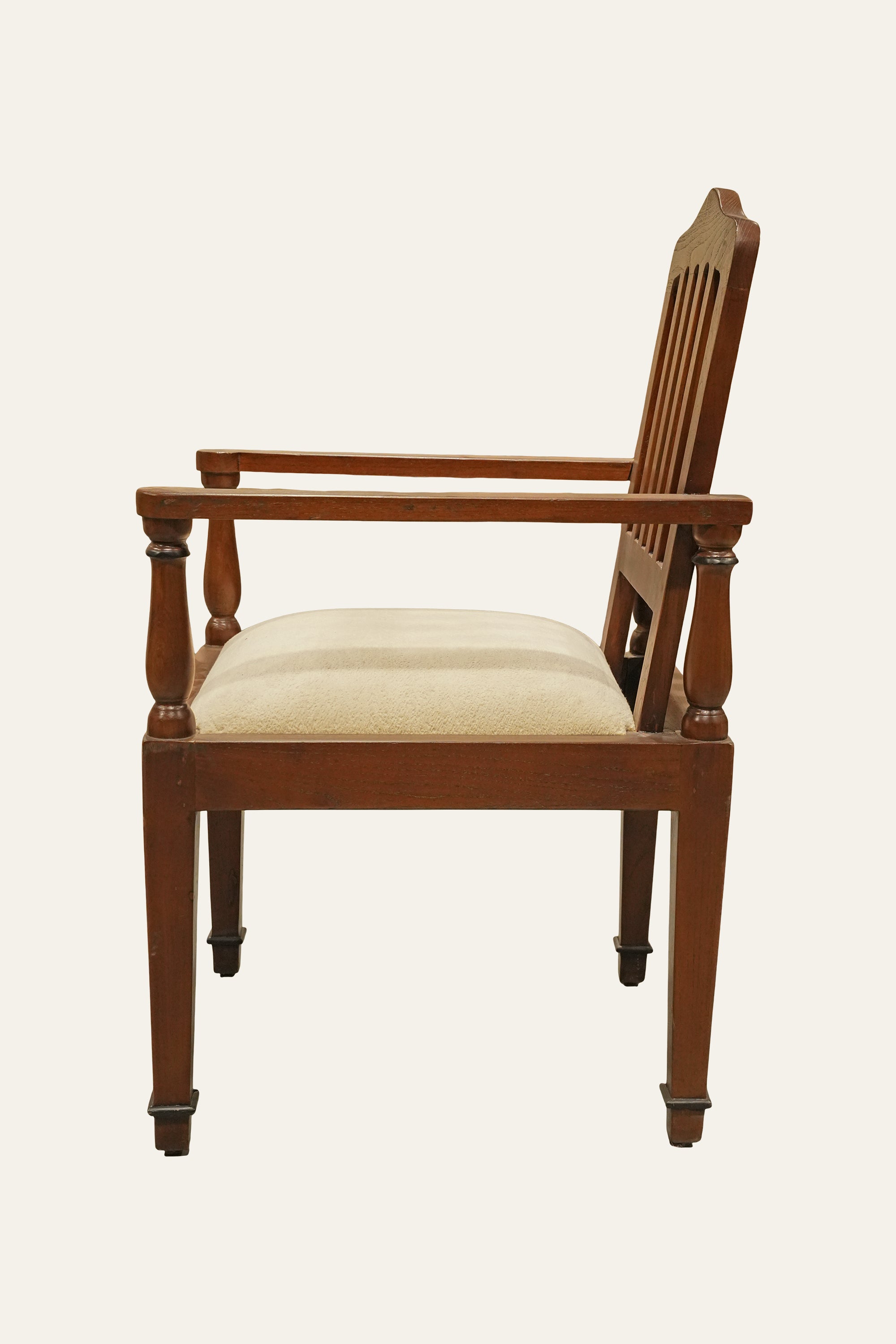 Brown Slatted Backrest Wooden Armchair with Cushioned Seat