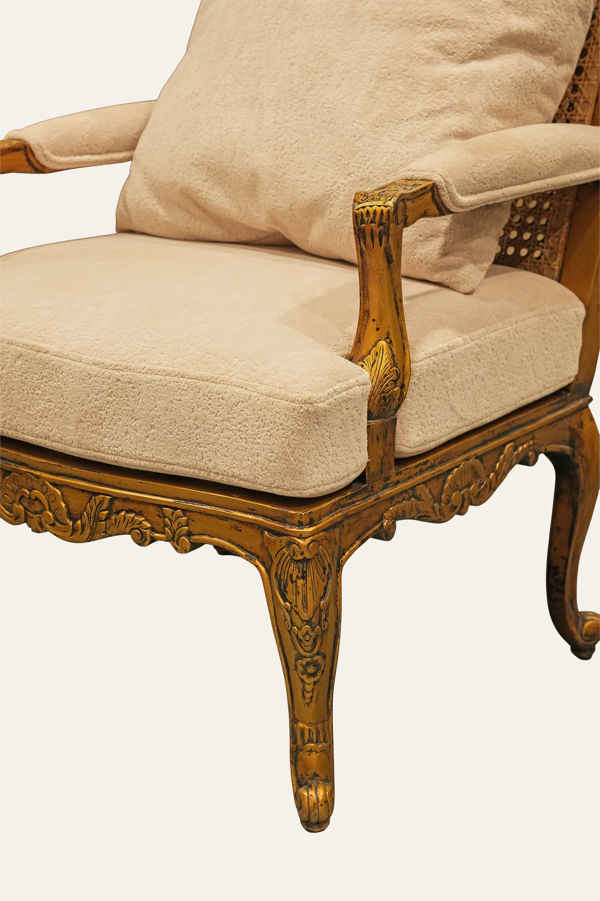 French Style Cane Back Armchair with Cream Upholstered Seat