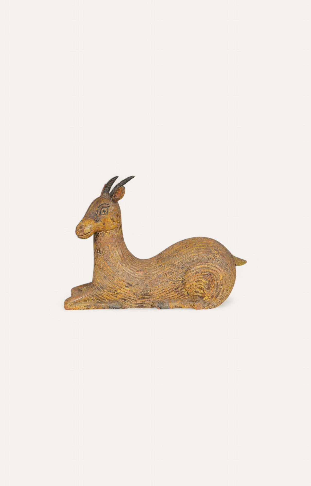 Yellow Patina Hand-Carved Goat Figurine