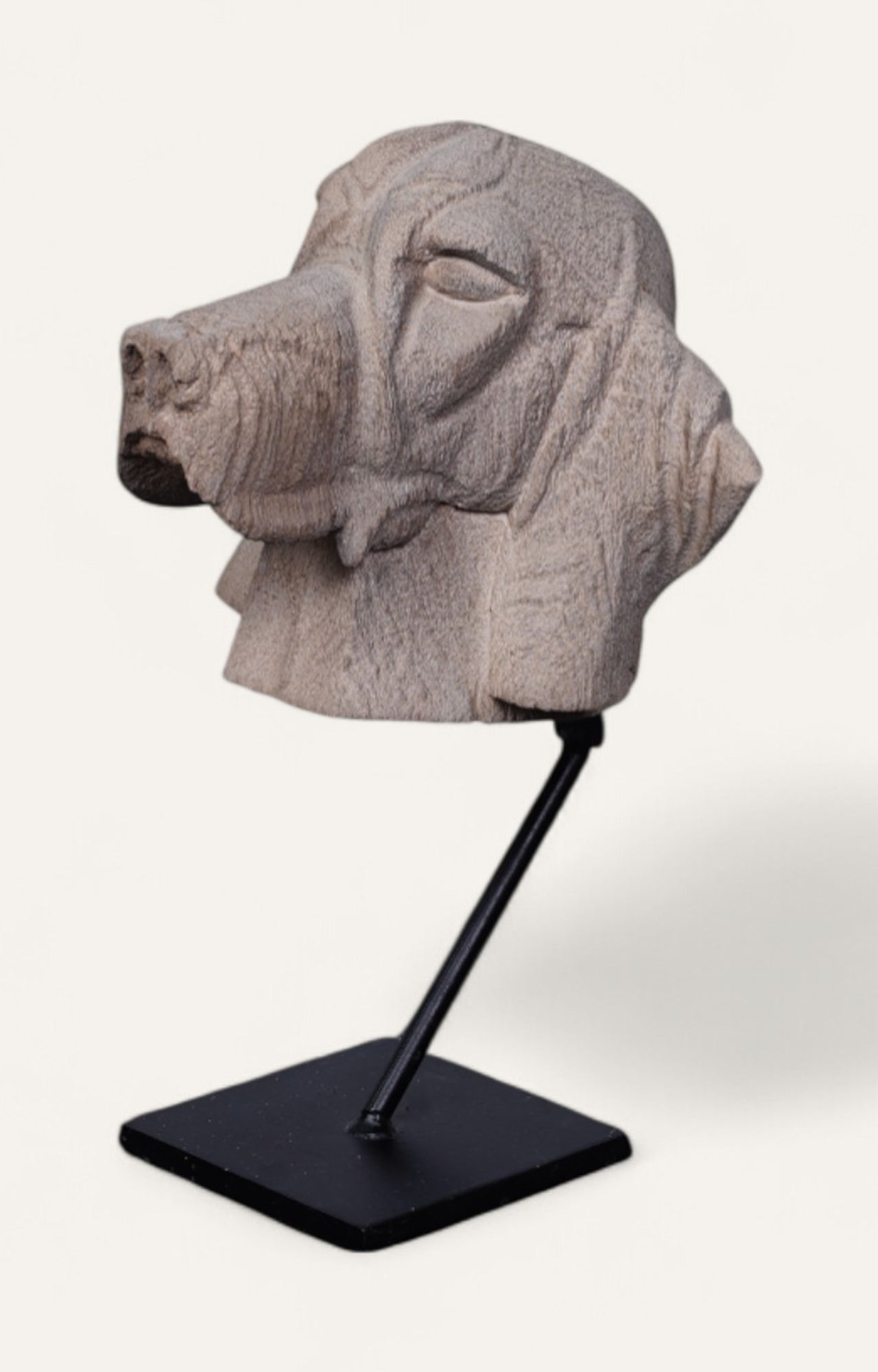Hand-Carved Wooden Dog Head Sculpture on Stand