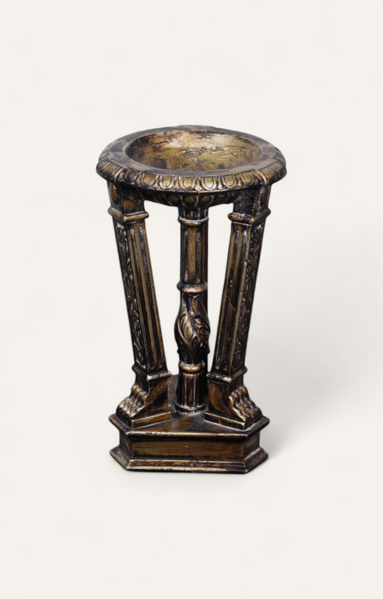 Teak Wood Pedestal Candle Stand in Antique Gold