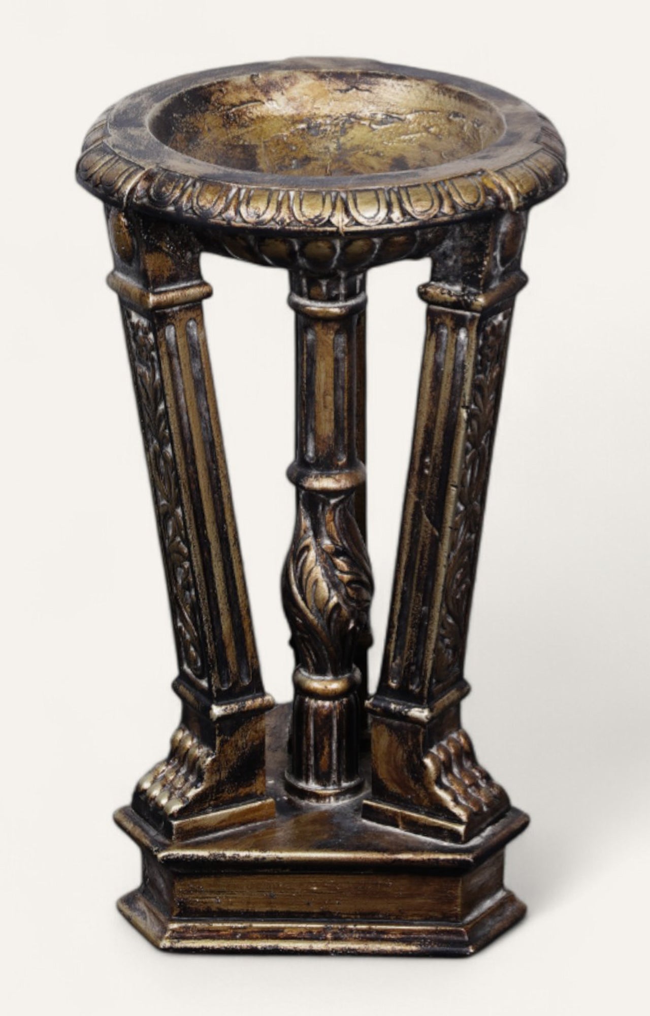 Teak Wood Pedestal Candle Stand in Antique Gold