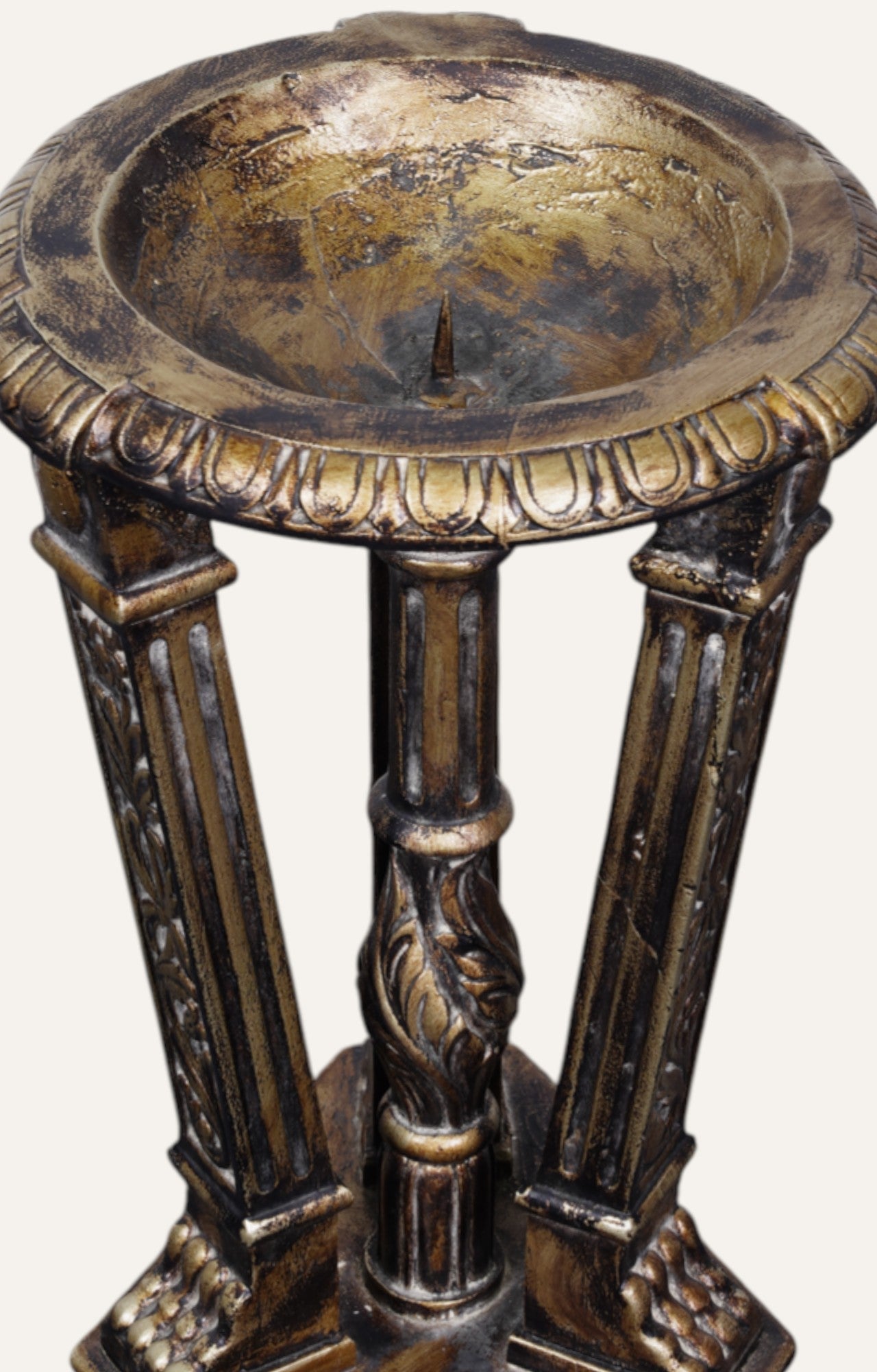 Teak Wood Pedestal Candle Stand in Antique Gold