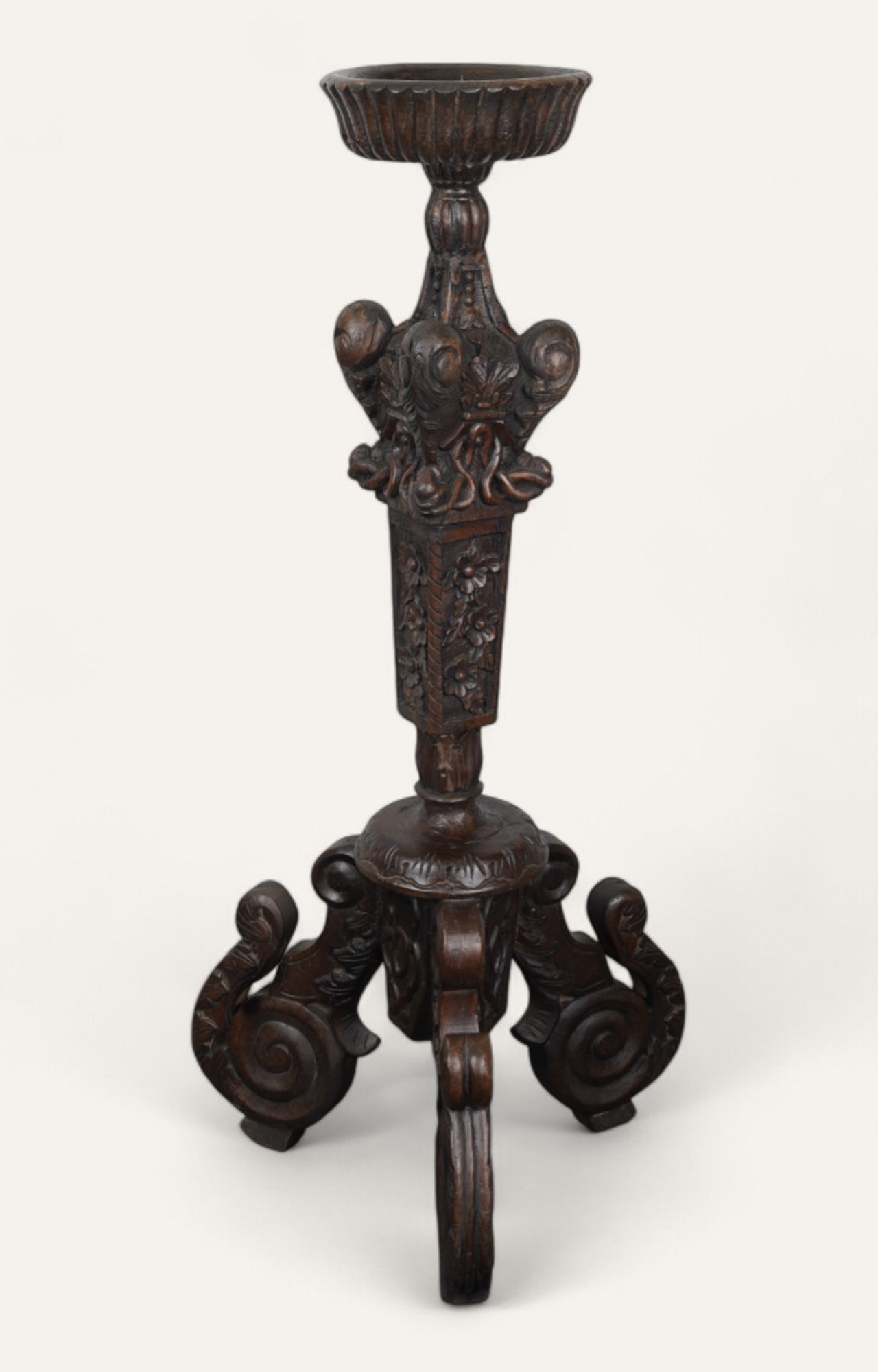 Ornate Teak Wood Tripod Floor Candle Stand