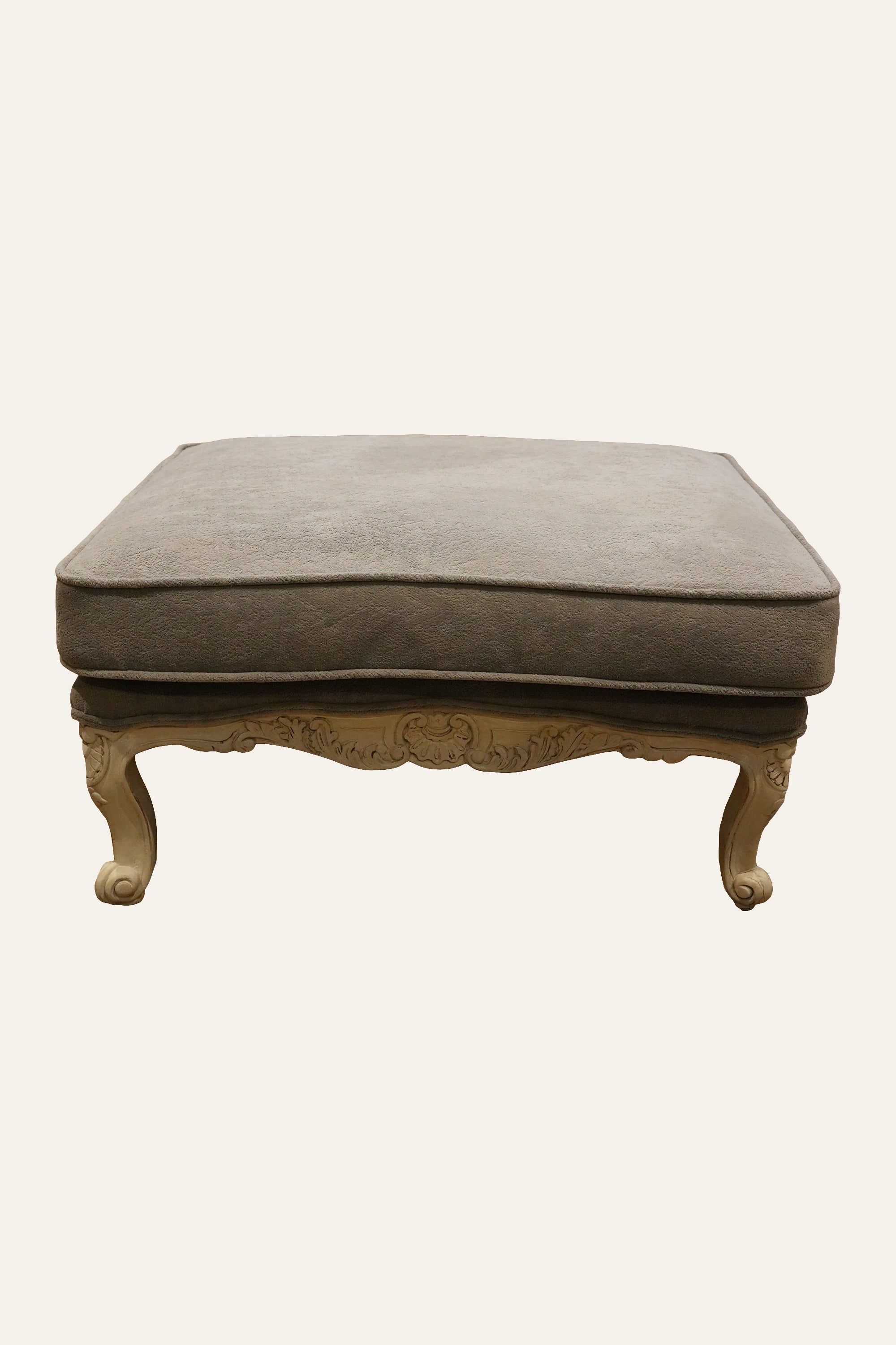 French Provincial Style Grey Upholstered Ottoman with Carved Curved Legs