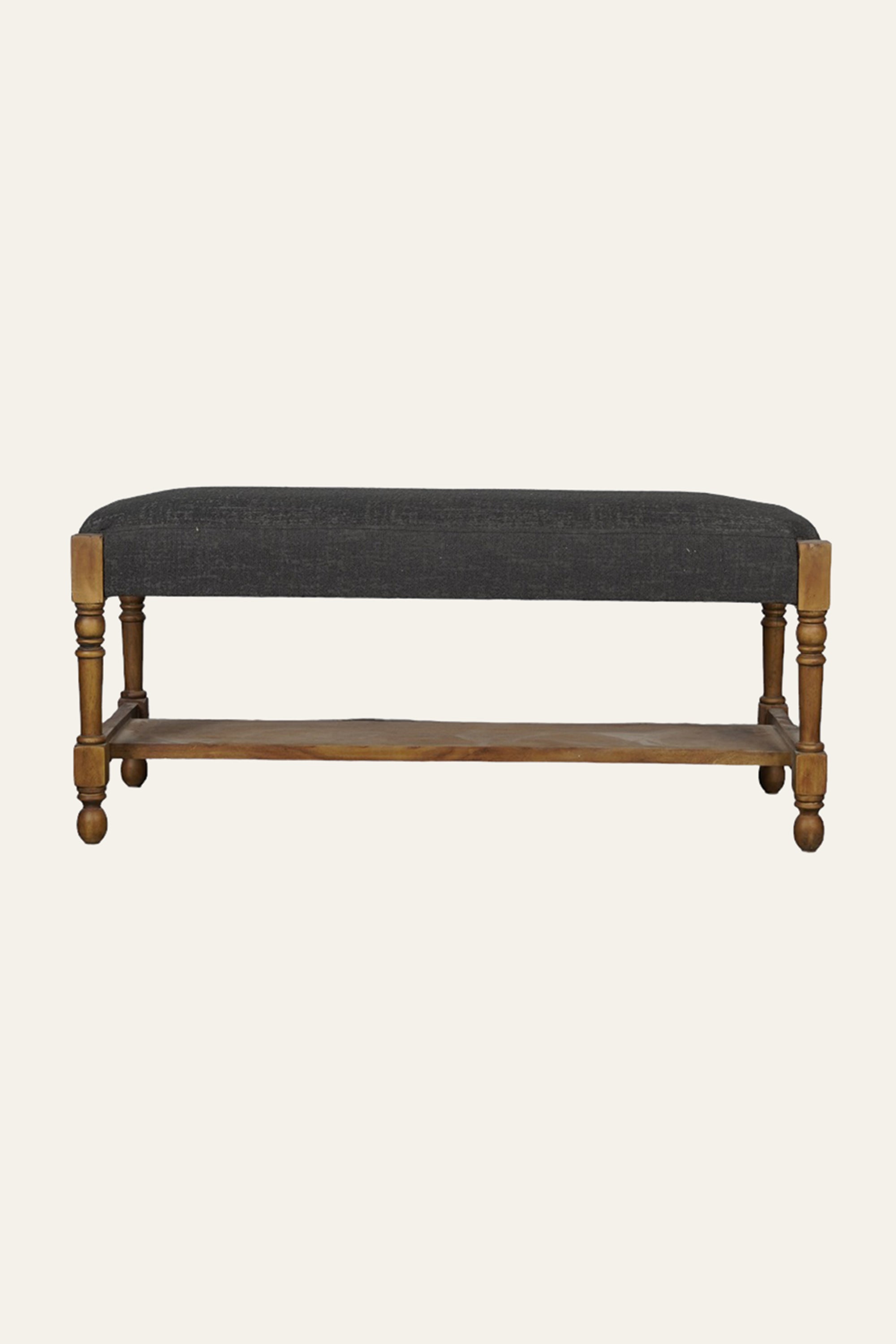 Charcoal Black Upholstered Solid Wood Bench with Lower Shelf