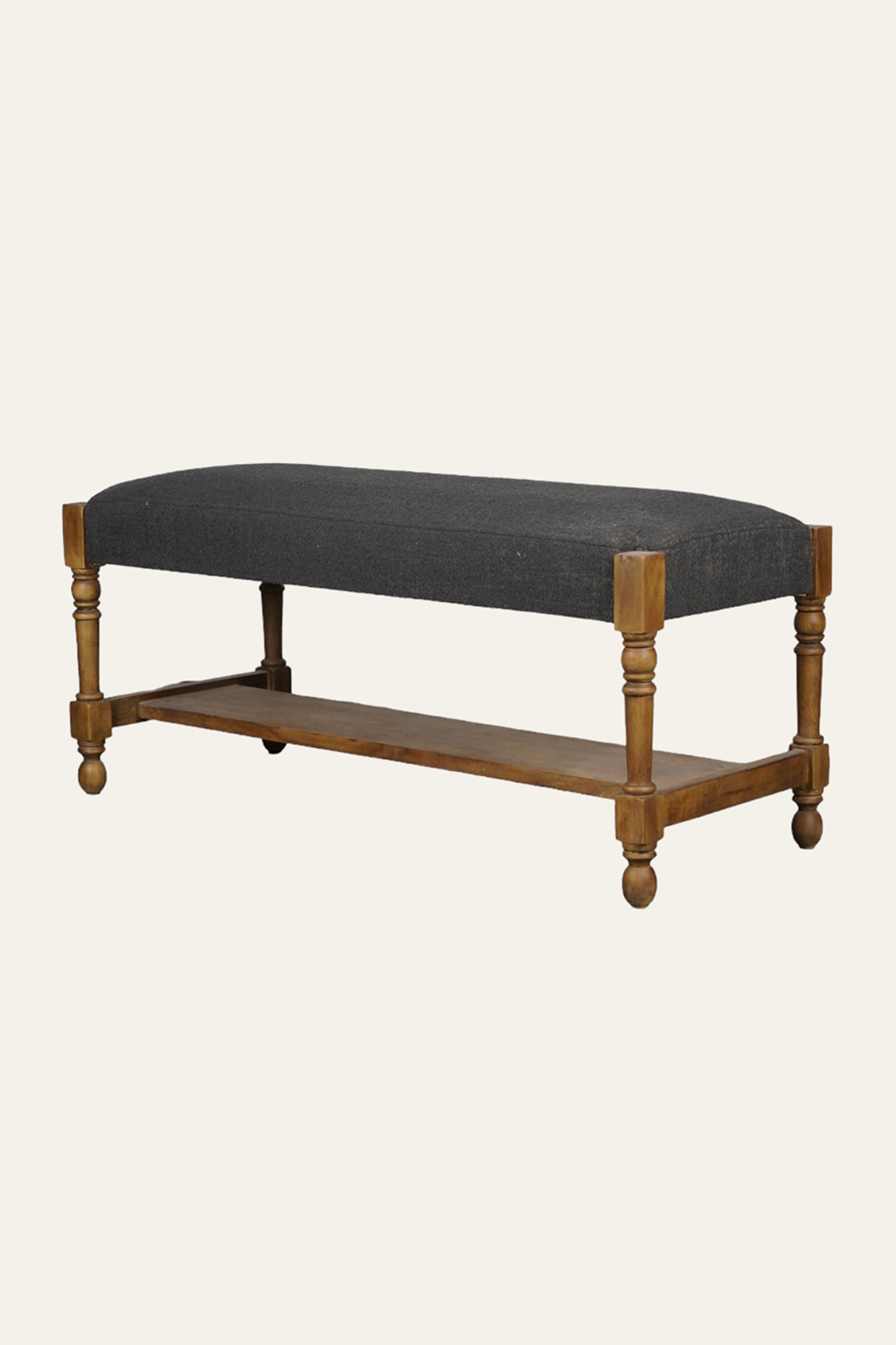 Charcoal Black Upholstered Solid Wood Bench with Lower Shelf