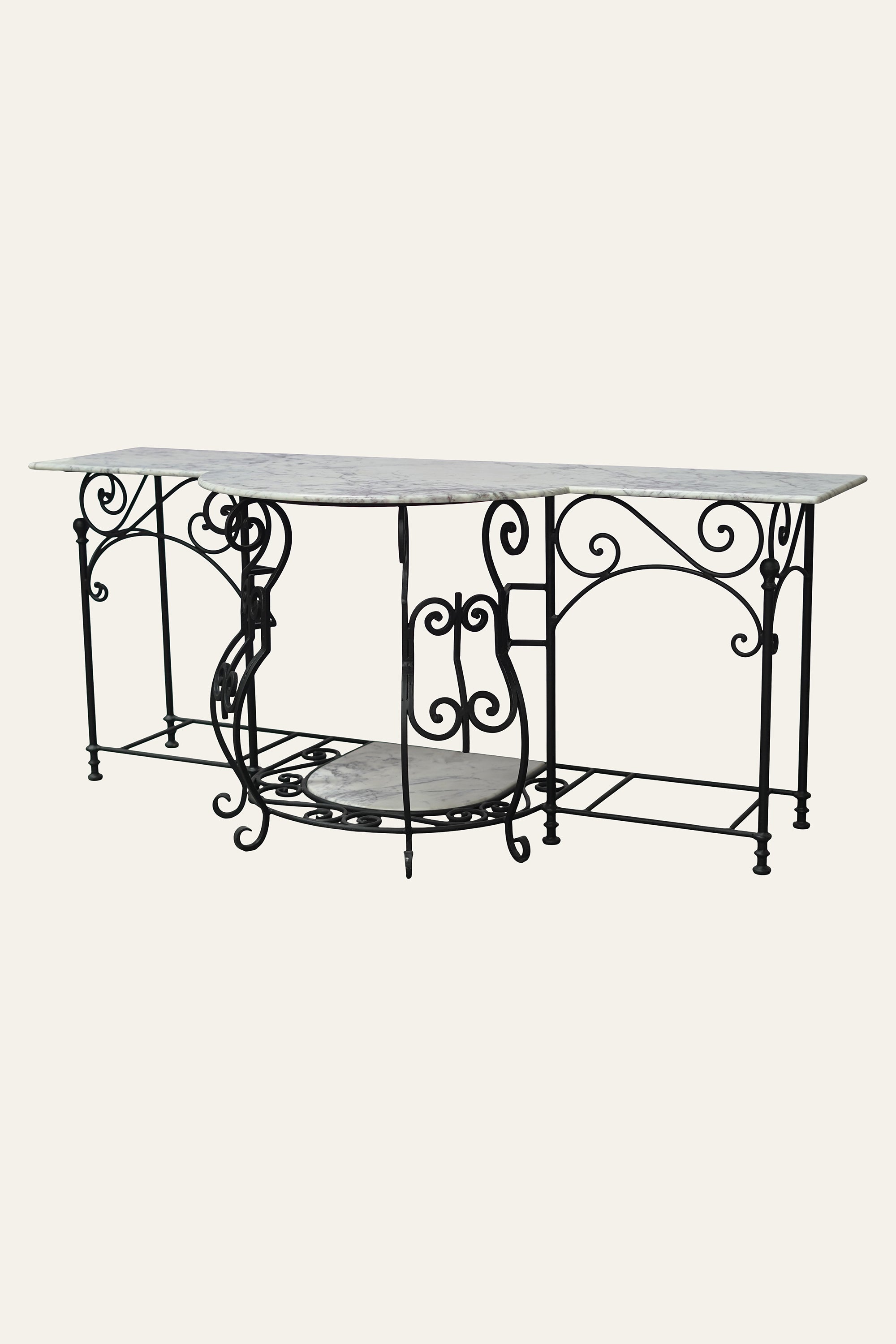 Parisian Wrought Iron Scroll Console Table with Marble Top | Luxury Entryway Table