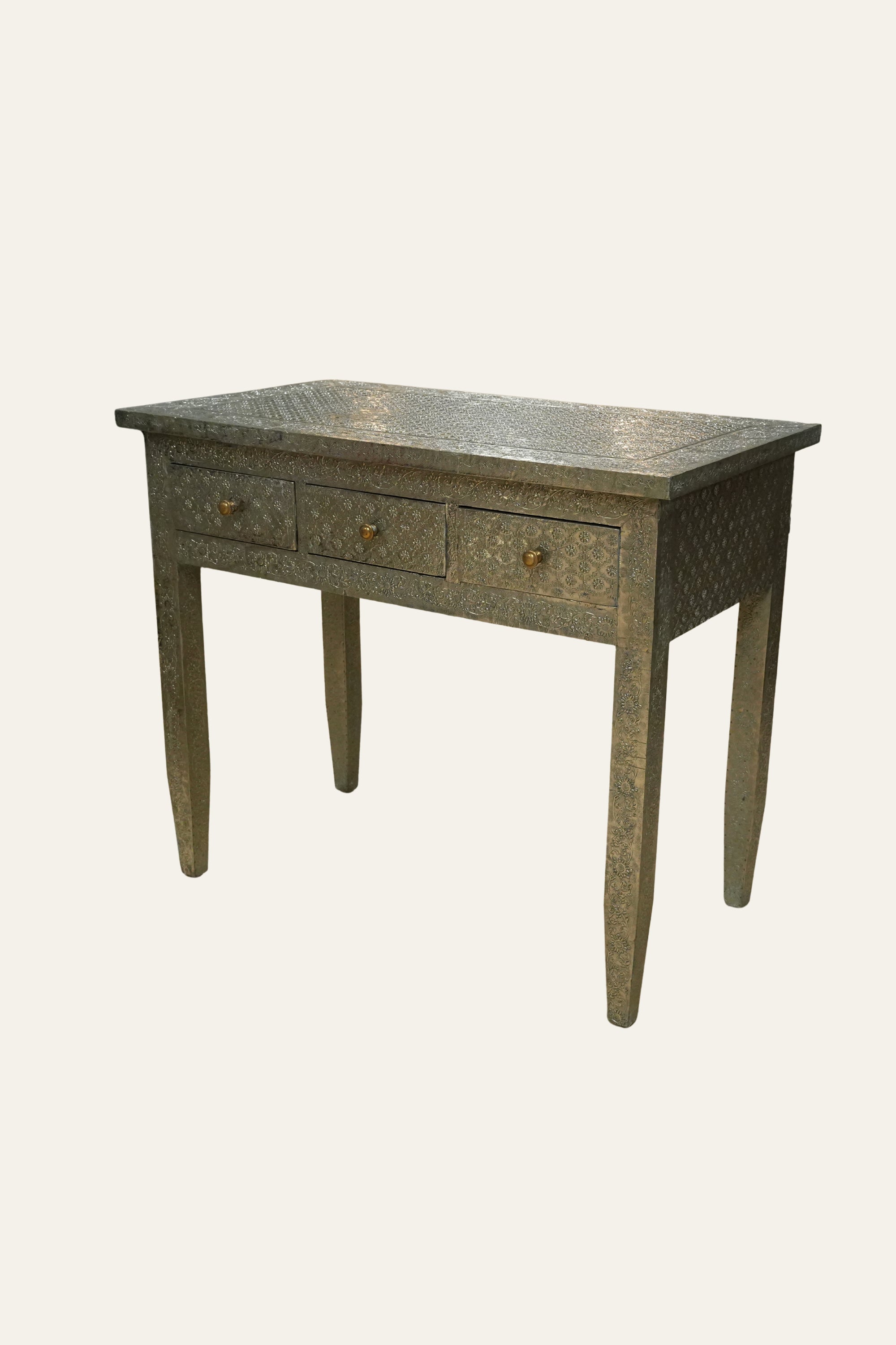 White Metal Embossed Console Table with 2 Drawers